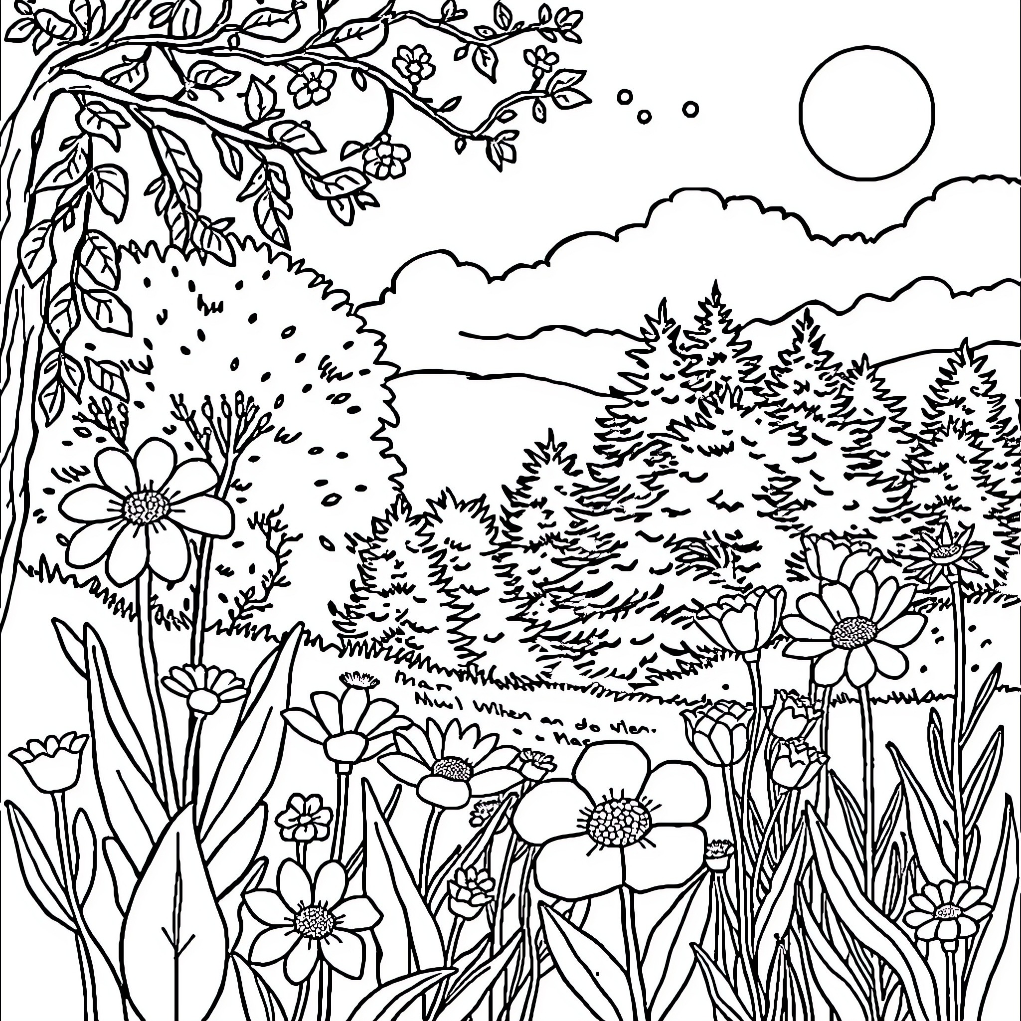 Nature's Tranquil Landscape Coloring Page (free black-and-white line drawing printable PDF for all, from beginners to advanced learners, including children, teens, adults, and seniors)
