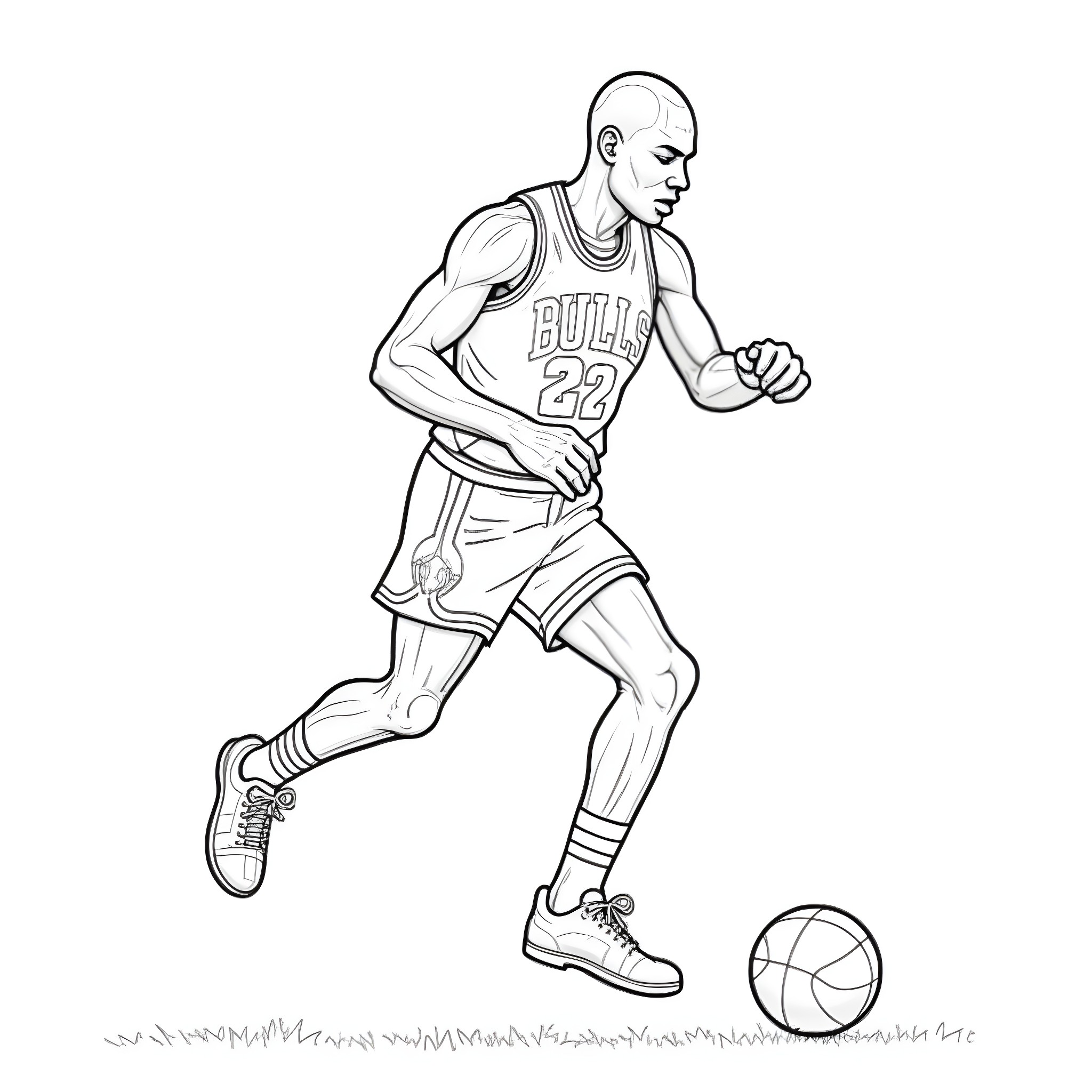 Michael Jordan dribbling basketball in Bulls uniform Coloring Page (free black-and-white line drawing printable PDF for all, from beginners to advanced learners, including children, teens, adults, and seniors)