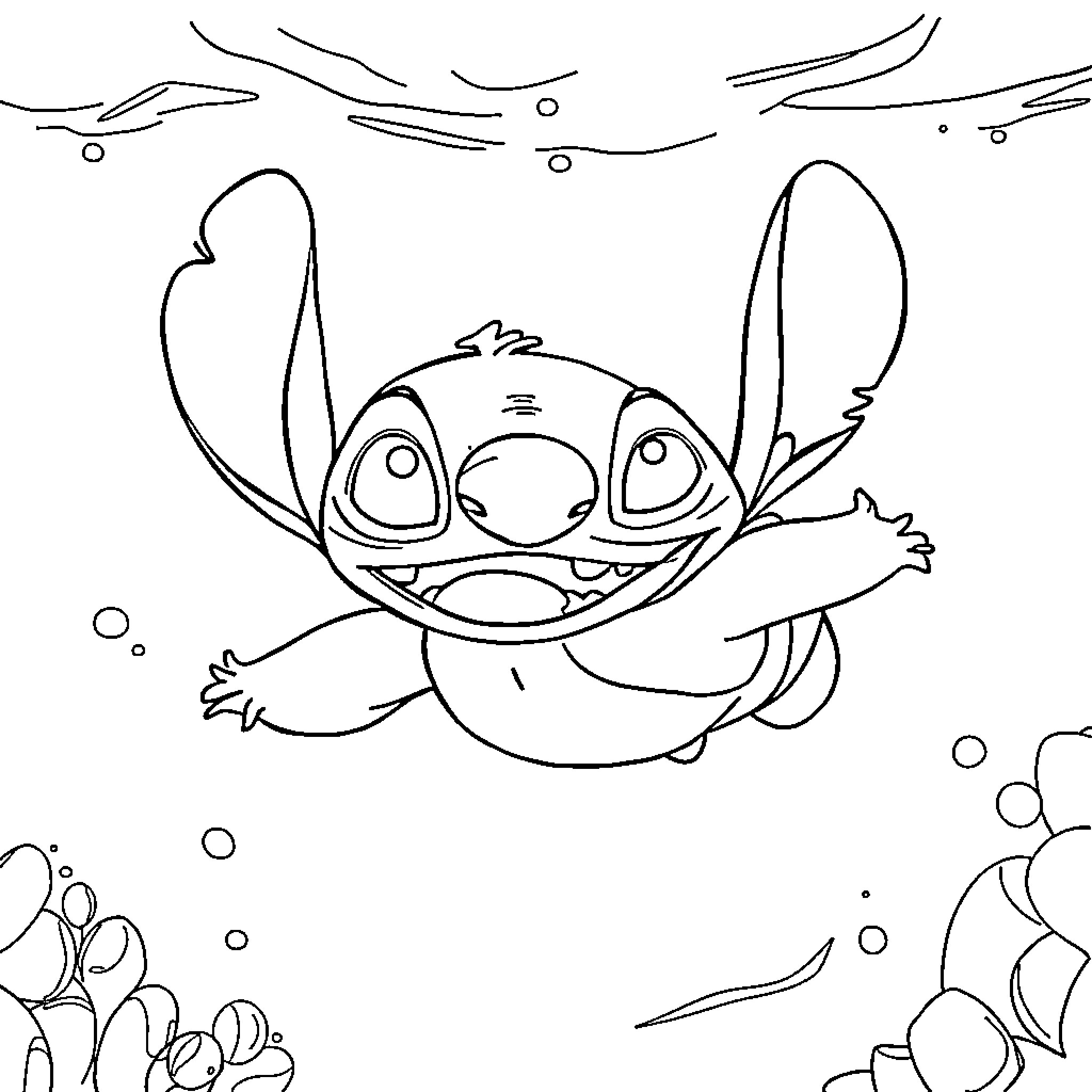 Lilo swimming playfully with sea creatures Coloring Page (free black-and-white line drawing printable PDF for all, from beginners to advanced learners, including children, teens, adults, and seniors)