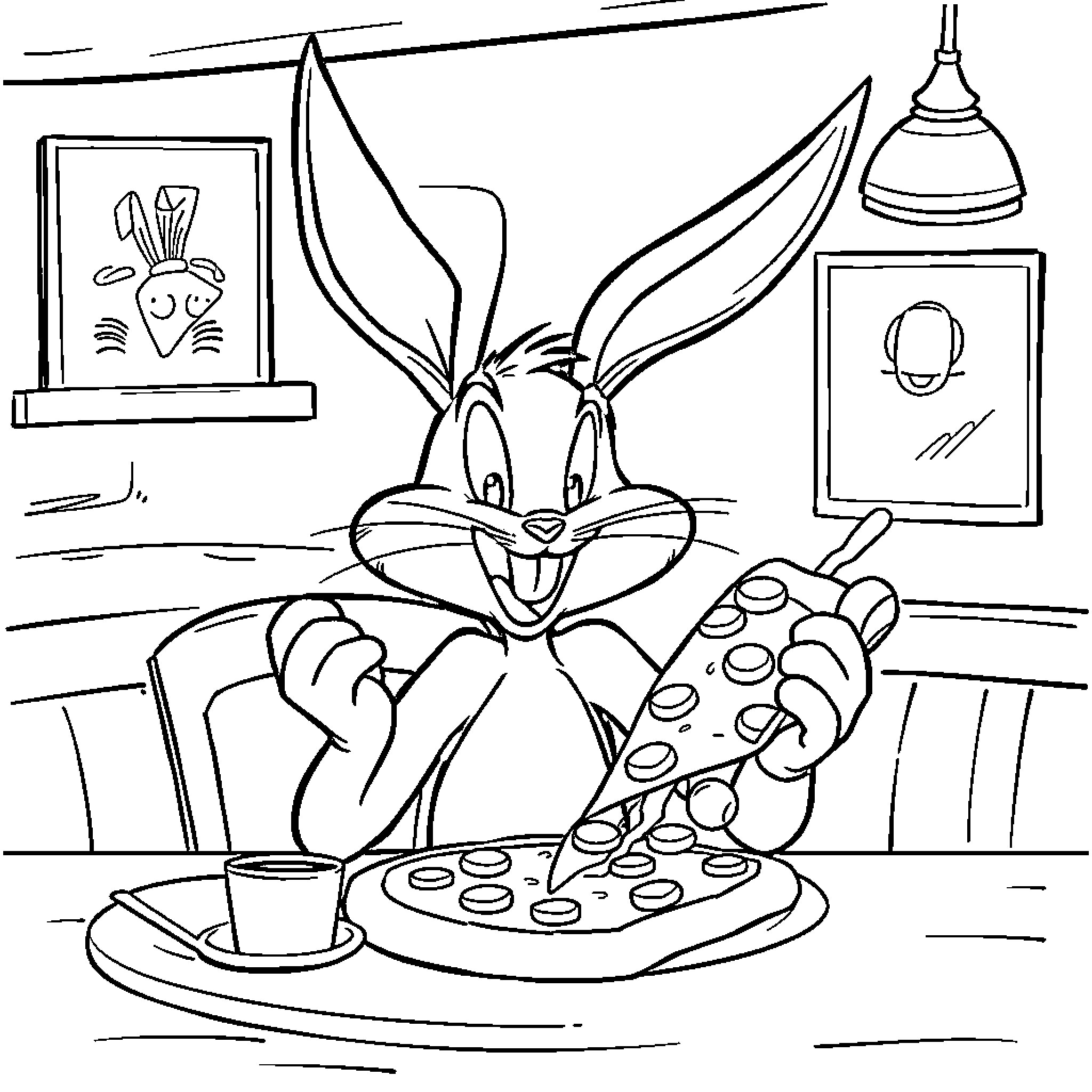 Bugs Bunny enjoying a pizza and playing video games Coloring Page (free black-and-white line drawing printable PDF for all, from beginners to advanced learners, including children, teens, adults, and seniors)
