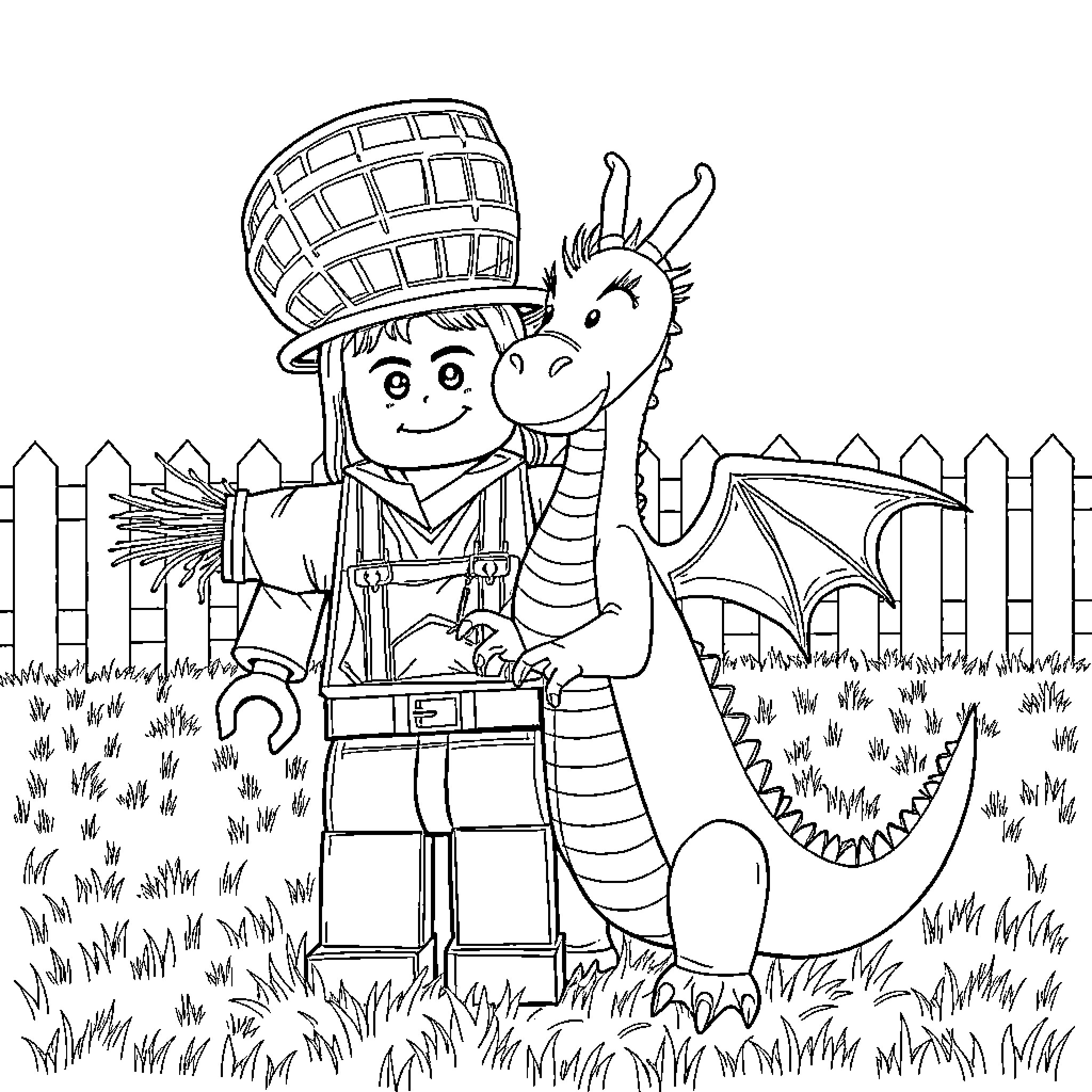 Scarecrow and Friendly Dragon in Grassy Field Coloring Page (free black-and-white line drawing printable PDF for all, from beginners to advanced learners, including children, teens, adults, and seniors)