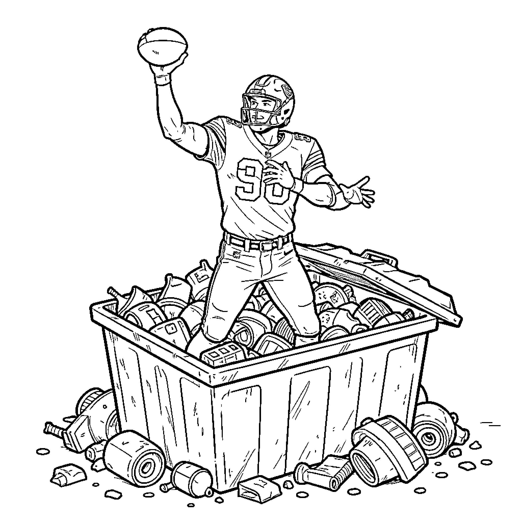 Dak Prescott throwing football in trash can Coloring Page (free black-and-white line drawing printable PDF for all, from beginners to advanced learners, including children, teens, adults, and seniors)