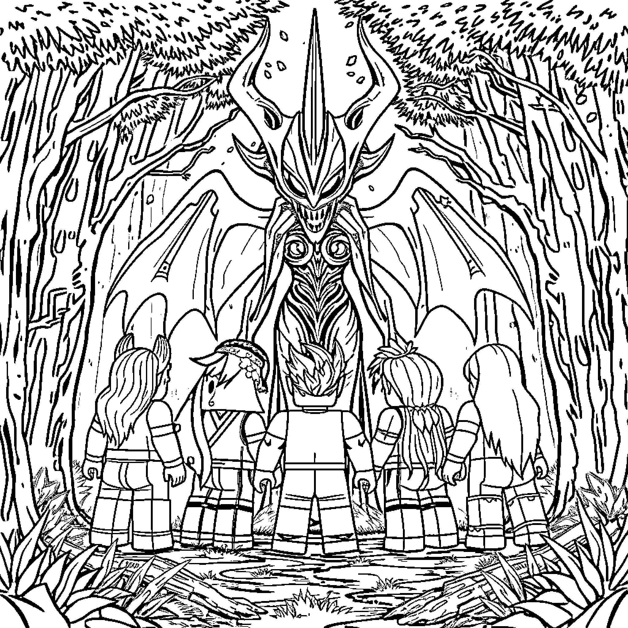 Roblox Character Encounters a Monstrous Creature in the Enchanted Forest Coloring Page (free black-and-white line drawing printable PDF for all, from beginners to advanced learners, including children, teens, adults, and seniors)