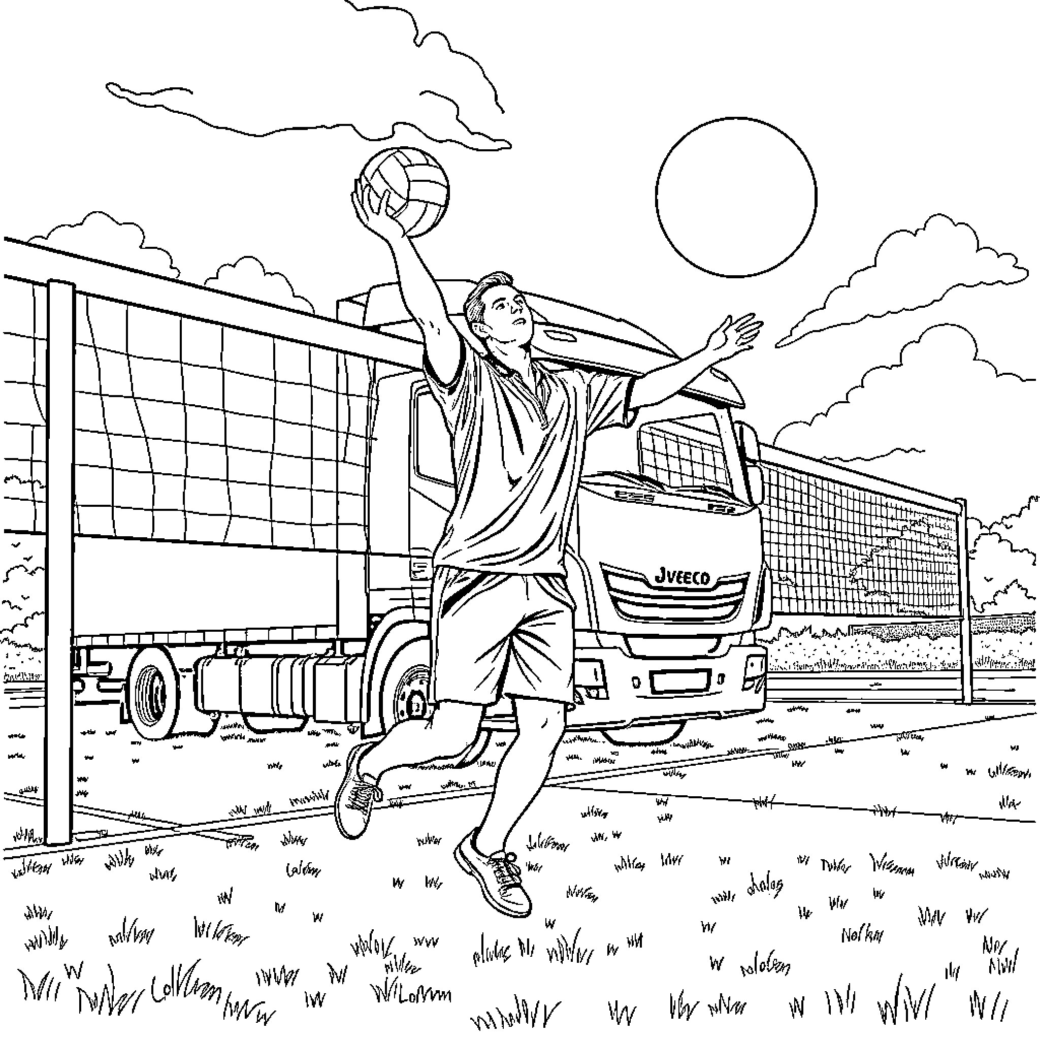Volleyball player in action on the court Coloring Page (free black-and-white line drawing printable PDF for all, from beginners to advanced learners, including children, teens, adults, and seniors)