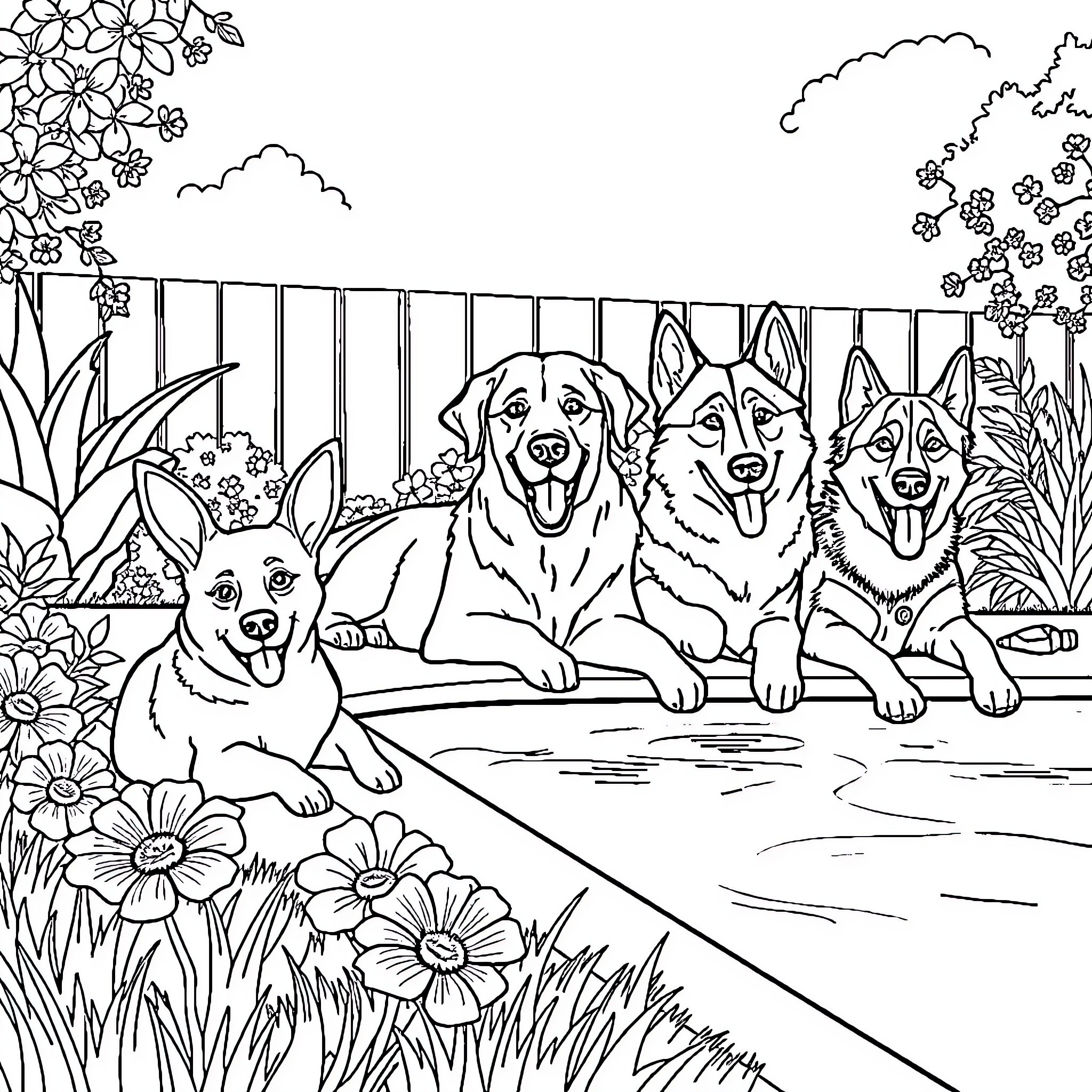 Dog Pack Relaxing in the Garden Coloring Page (free black-and-white line drawing printable PDF for all, from beginners to advanced learners, including children, teens, adults, and seniors)