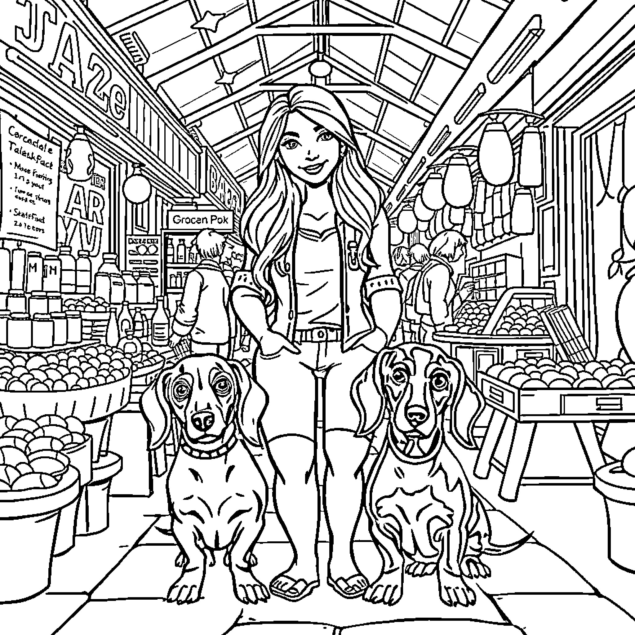 Woman shopping with her dogs in a market Coloring Page (free black-and-white line drawing printable PDF for all, from beginners to advanced learners, including children, teens, adults, and seniors)