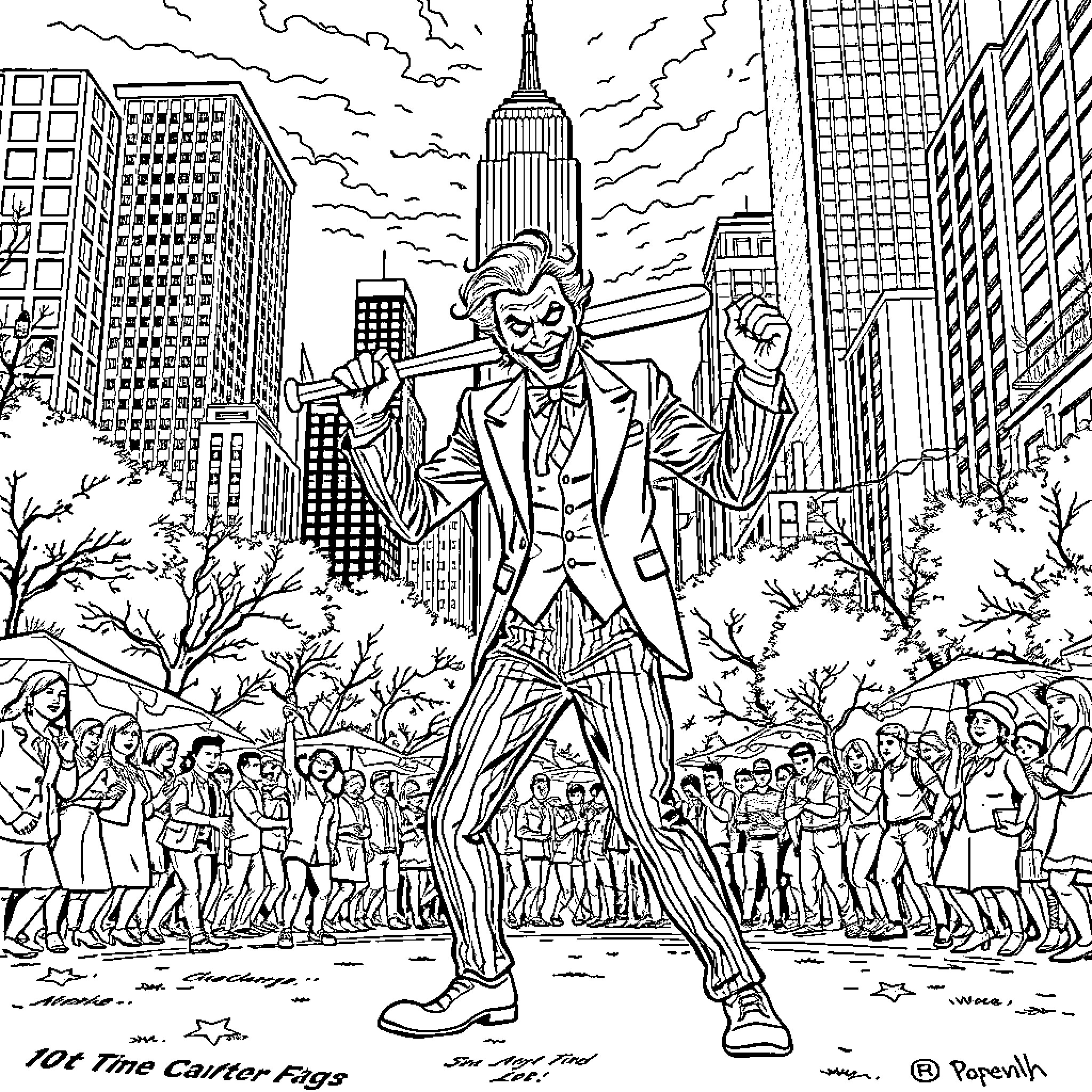 Joker's Theatrical Antics in the City Spotlight Coloring Page (free black-and-white line drawing printable PDF for all, from beginners to advanced learners, including children, teens, adults, and seniors)