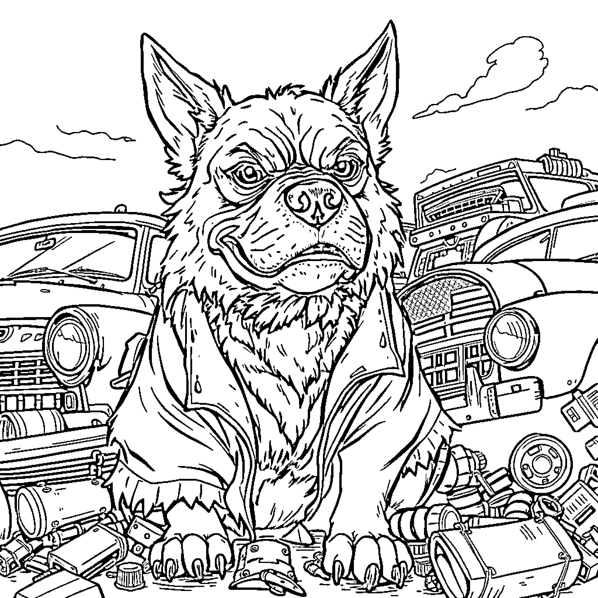 Dog in Junkyard Surrounded by Cars Coloring Page (free black-and-white line drawing printable PDF for all, from beginners to advanced learners, including children, teens, adults, and seniors)