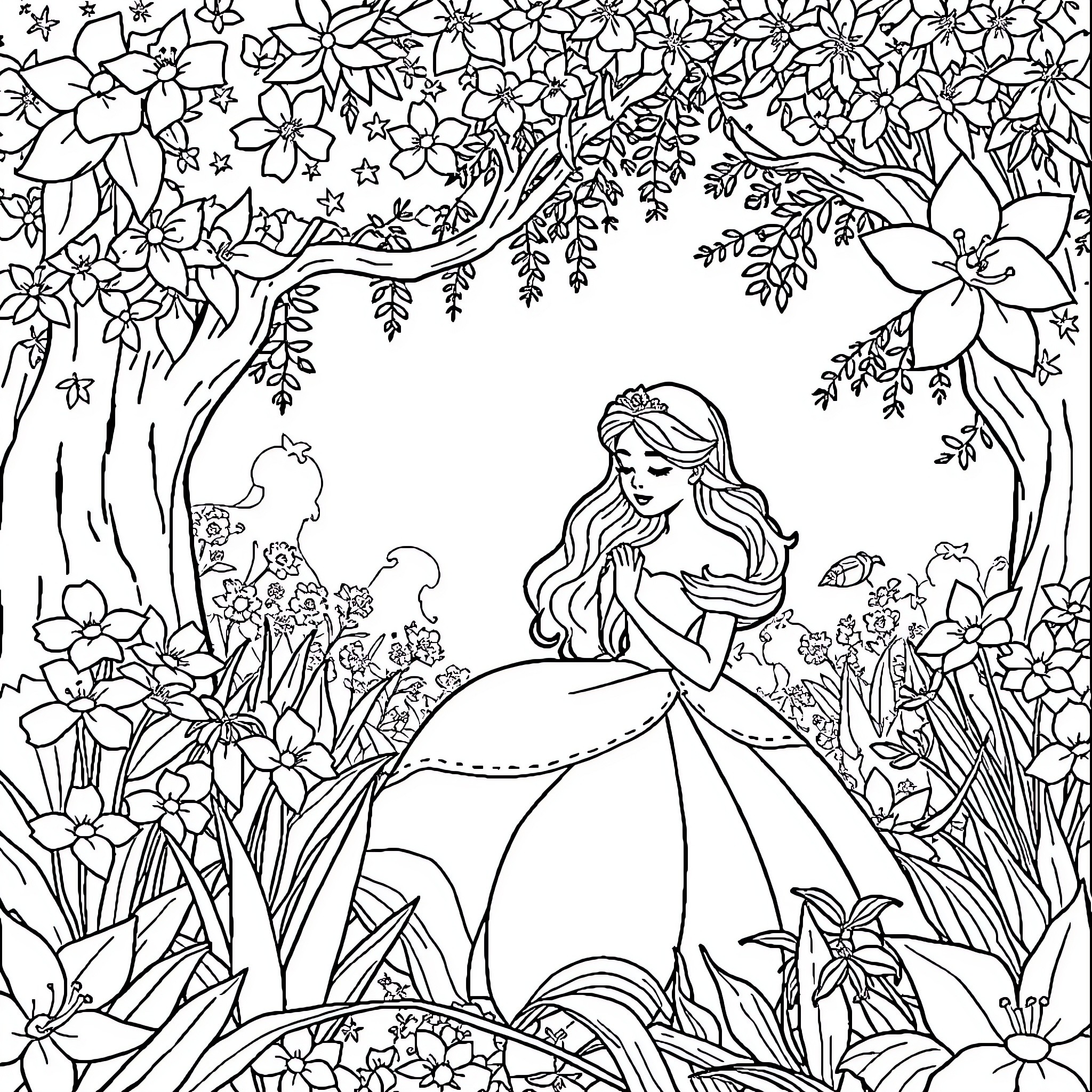 Princess surrounded by blooming flowers in a garden Coloring Page (free black-and-white line drawing printable PDF for all, from beginners to advanced learners, including children, teens, adults, and seniors)