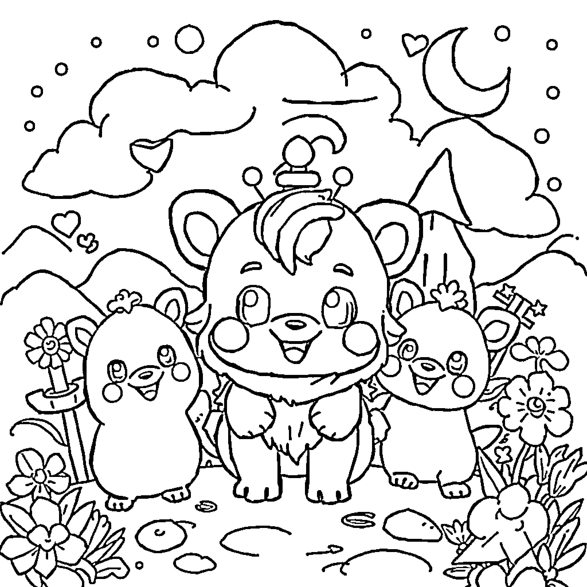 Mofusand Cute Creature Friends in Whimsical Nature Coloring Page (free black-and-white line drawing printable PDF for all, from beginners to advanced learners, including children, teens, adults, and seniors)