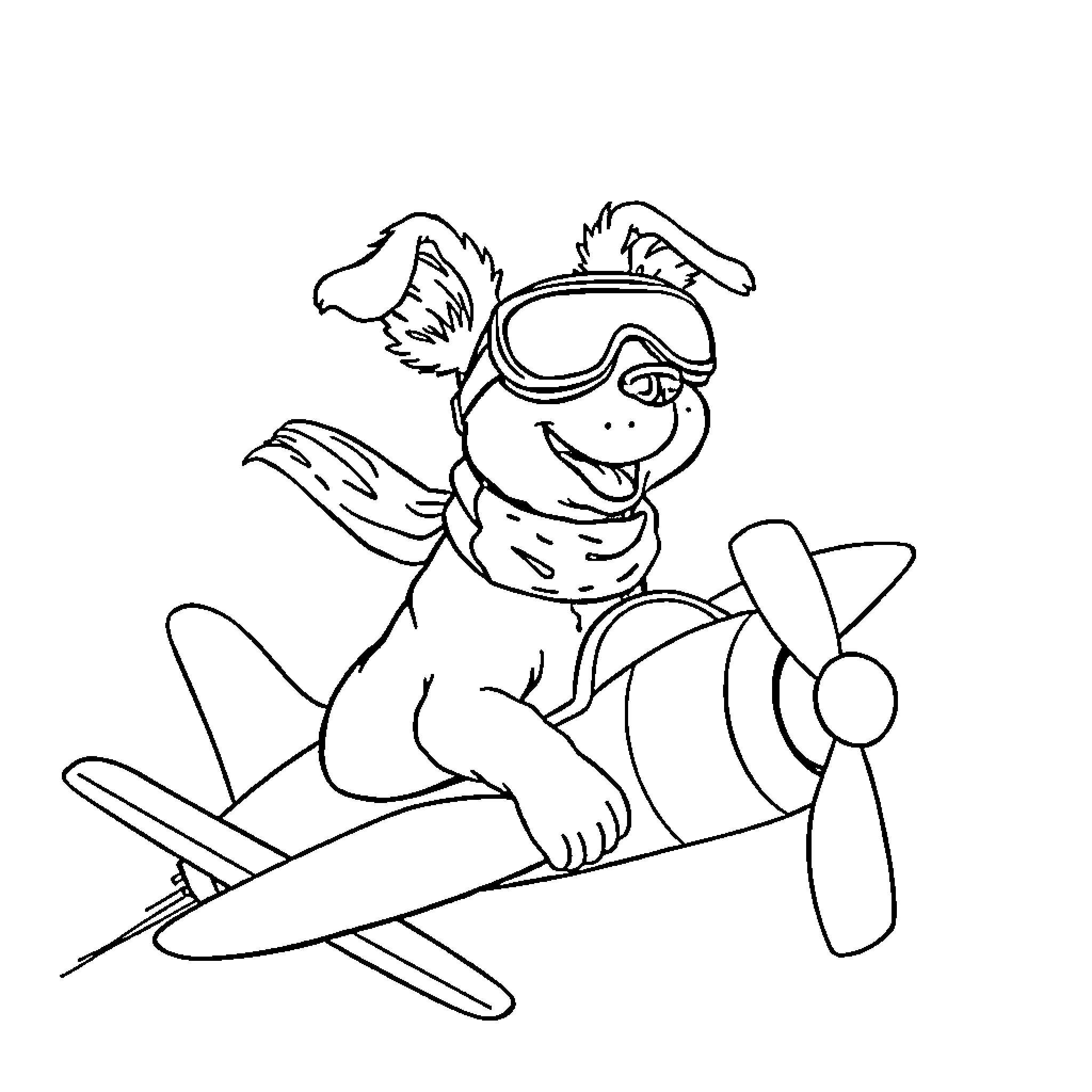 Dog flying a small plane with goggles Coloring Page (free black-and-white line drawing printable PDF for all, from beginners to advanced learners, including children, teens, adults, and seniors)