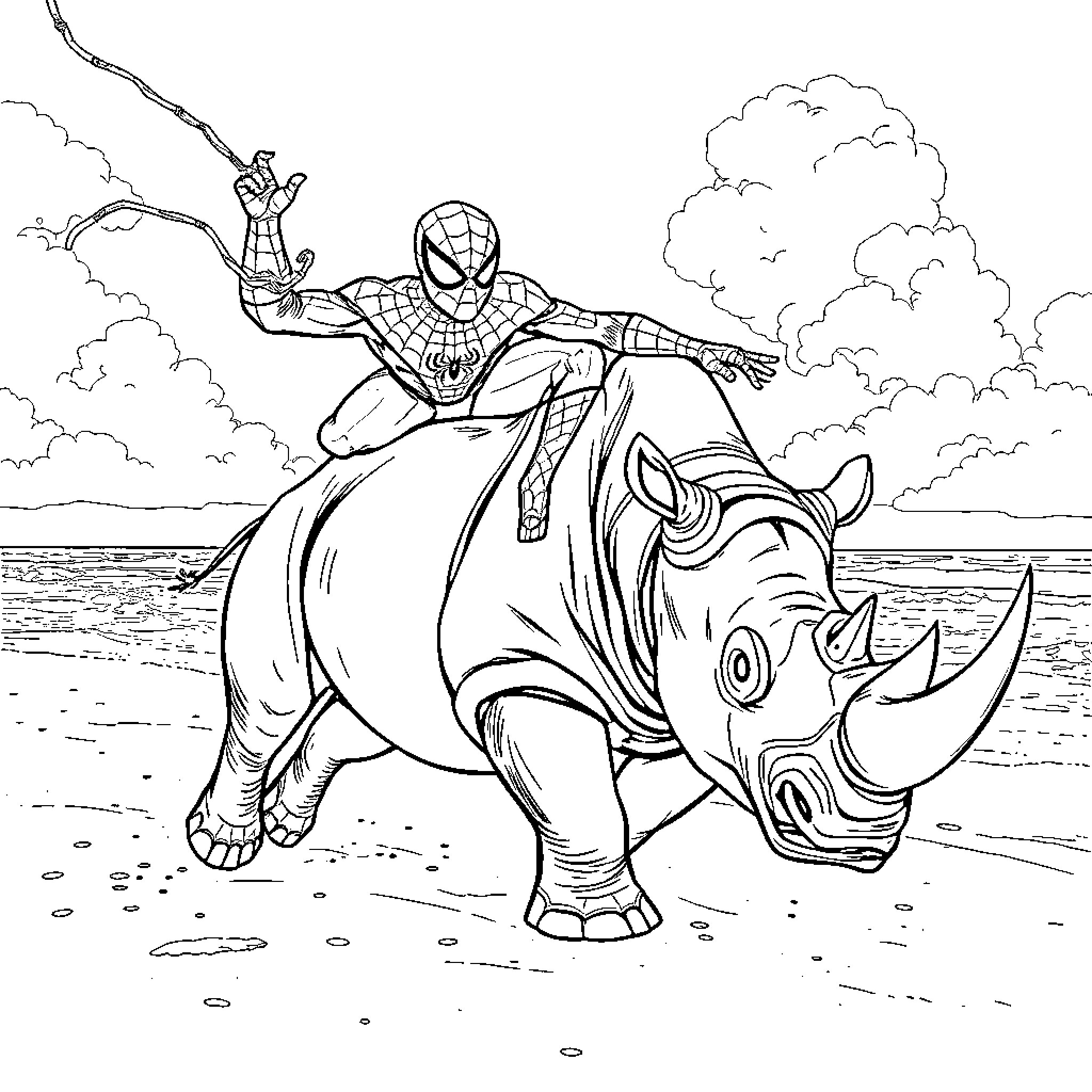 Spiderman riding a rhino on the beach Coloring Page (free black-and-white line drawing printable PDF for all, from beginners to advanced learners, including children, teens, adults, and seniors)