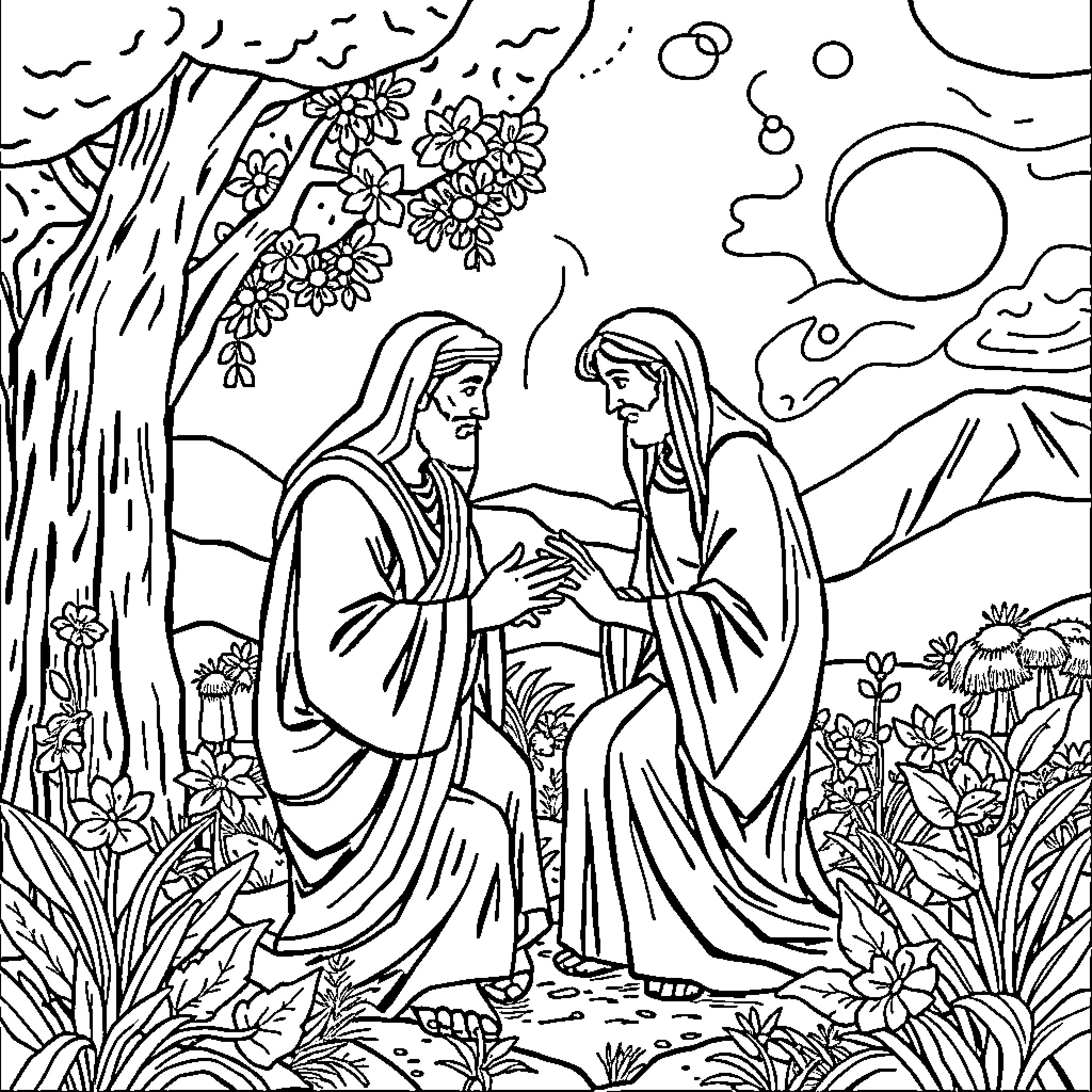 Biblia - Two figures in discussion in a serene natural setting Coloring Page (free black-and-white line drawing printable PDF for all, from beginners to advanced learners, including children, teens, adults, and seniors)