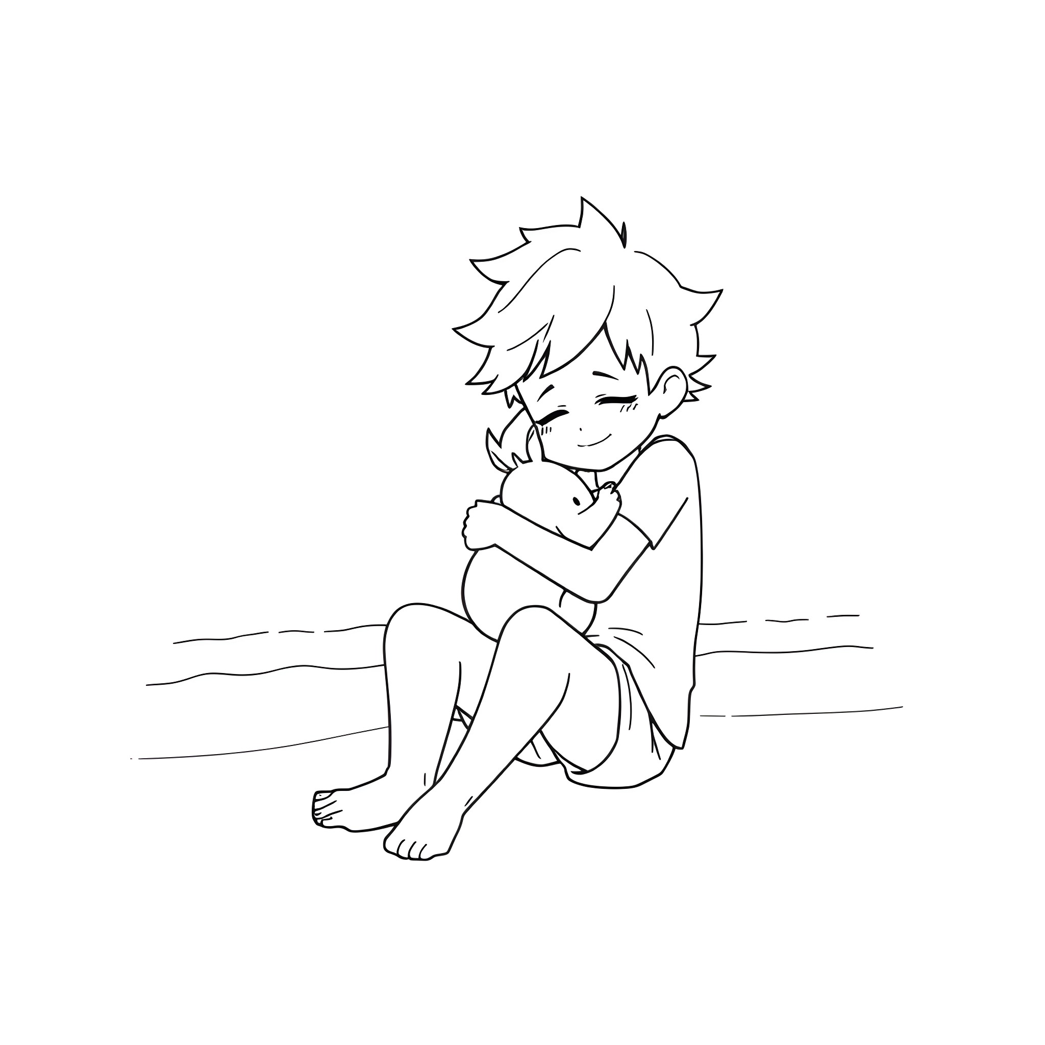 Deku sitting alone and contemplating Coloring Page (free black-and-white line drawing printable PDF for all, from beginners to advanced learners, including children, teens, adults, and seniors)