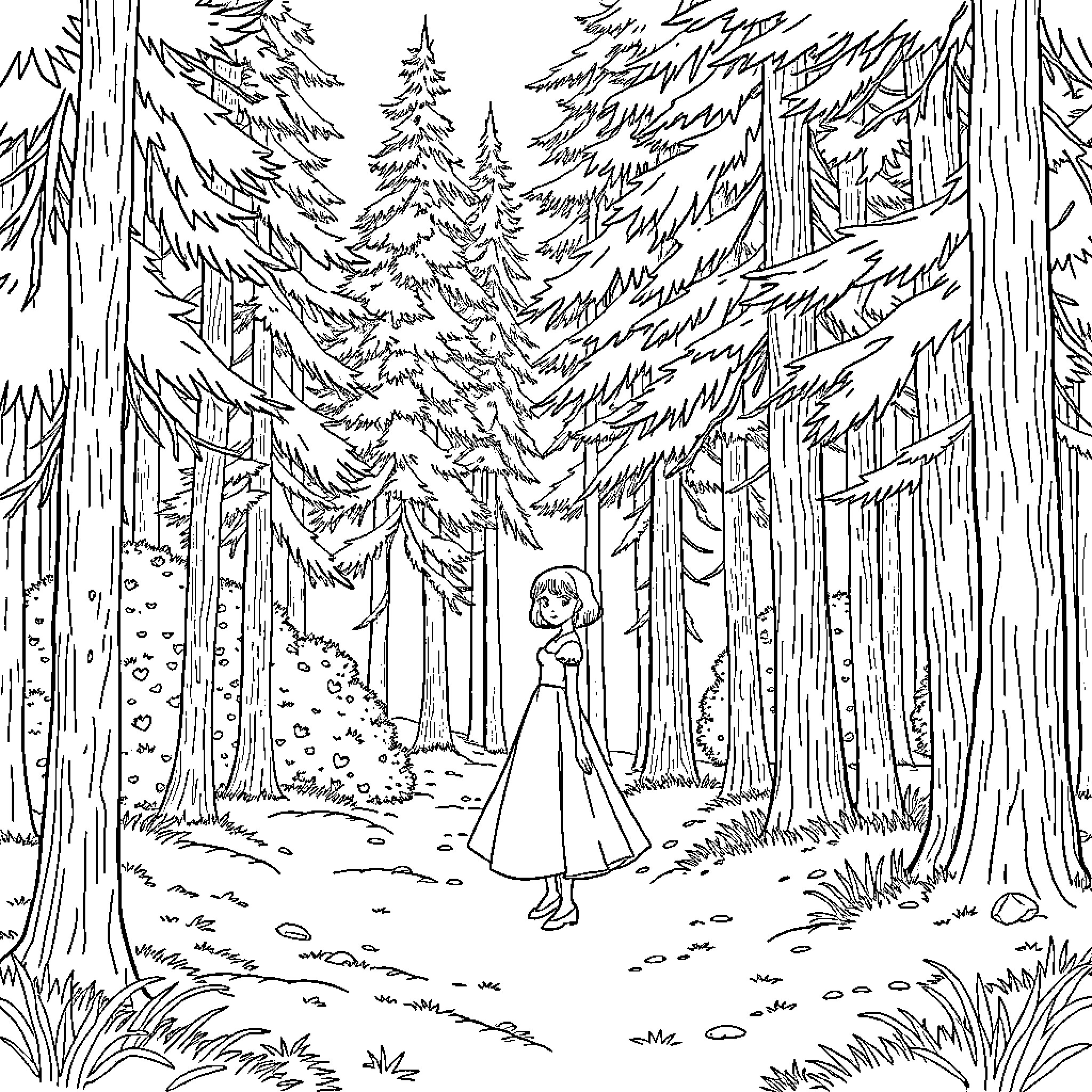 Snow White walking through a dense forest Coloring Page (free black-and-white line drawing printable PDF for all, from beginners to advanced learners, including children, teens, adults, and seniors)
