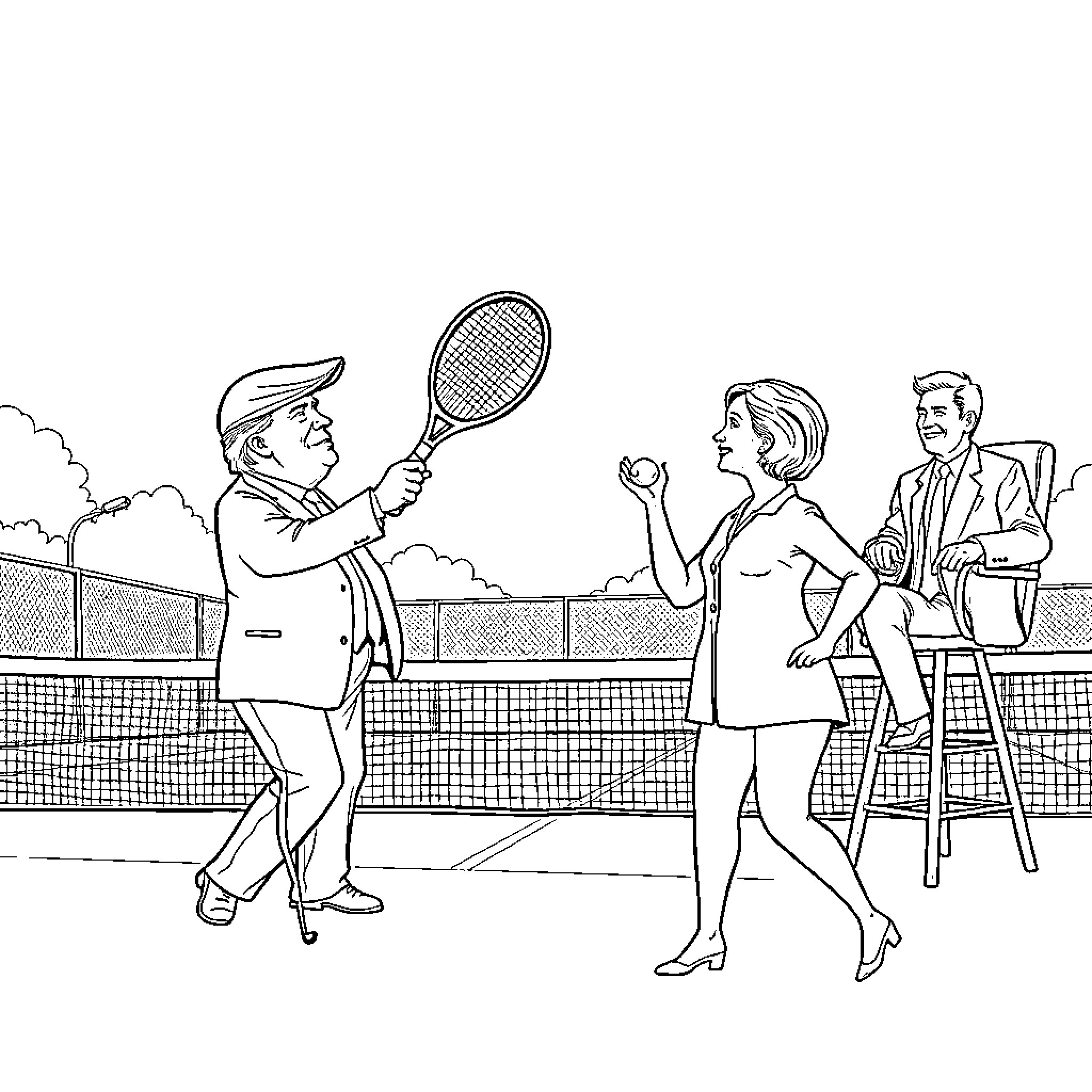 Donald Trump playing tennis with companions on the court Coloring Page (free black-and-white line drawing printable PDF for all, from beginners to advanced learners, including children, teens, adults, and seniors)