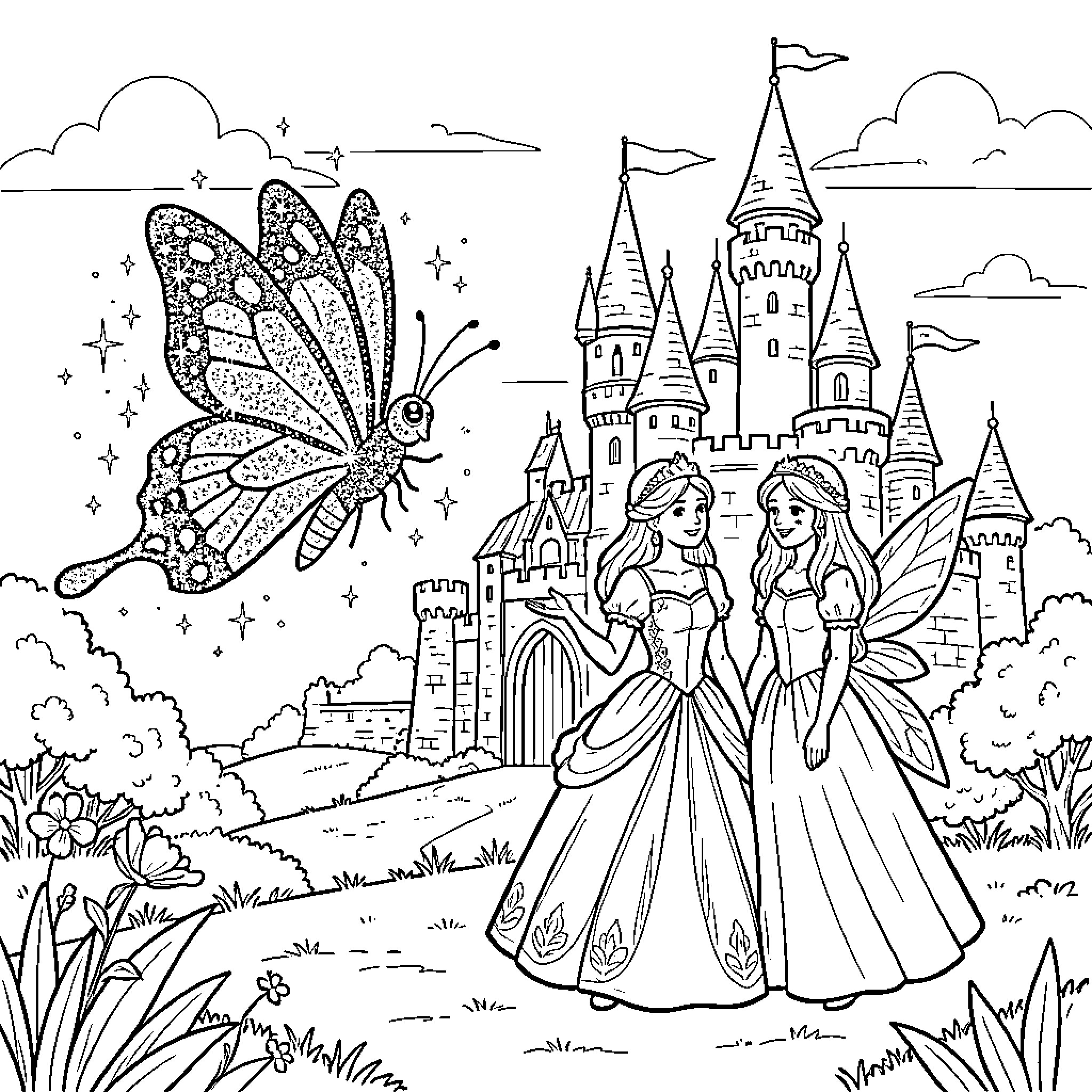 Princess and friend admiring a sparkling butterfly near a castle Coloring Page (free black-and-white line drawing printable PDF for all, from beginners to advanced learners, including children, teens, adults, and seniors)