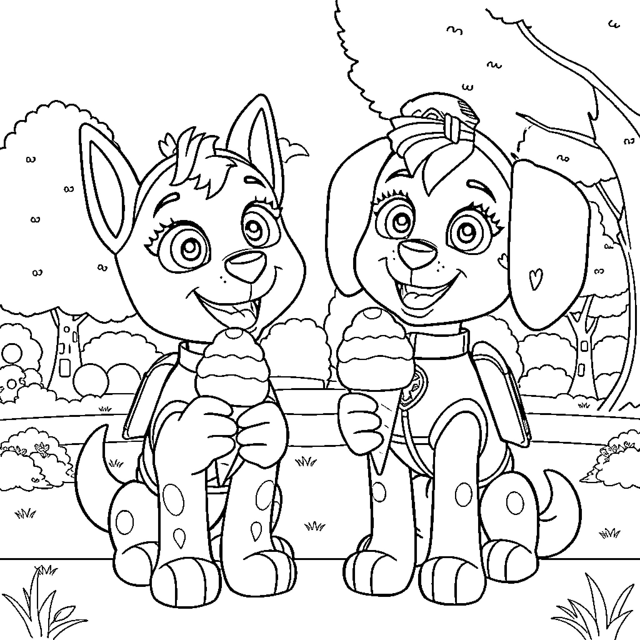 Paw Patrol Characters Playing in the Park Coloring Page (free black-and-white line drawing printable PDF for all, from beginners to advanced learners, including children, teens, adults, and seniors)