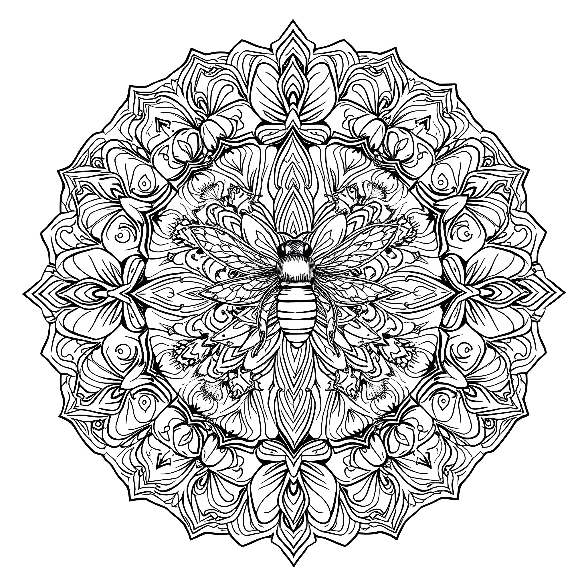 Mandala with intricate floral and insect designs Coloring Page (free black-and-white line drawing printable PDF for all, from beginners to advanced learners, including children, teens, adults, and seniors)