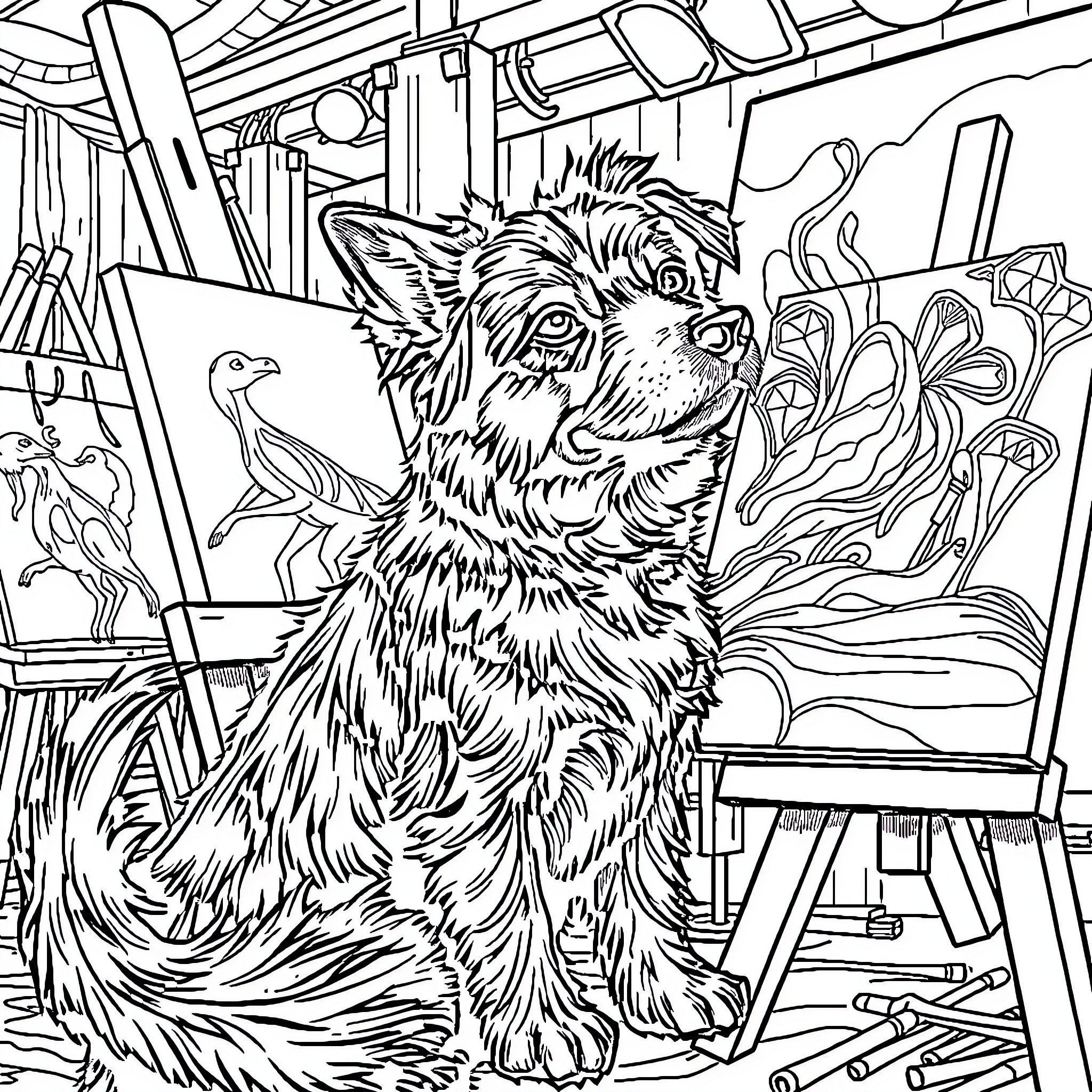 Dog Artist Contemplating Masterpiece Coloring Page (free black-and-white line drawing printable PDF for all, from beginners to advanced learners, including children, teens, adults, and seniors)