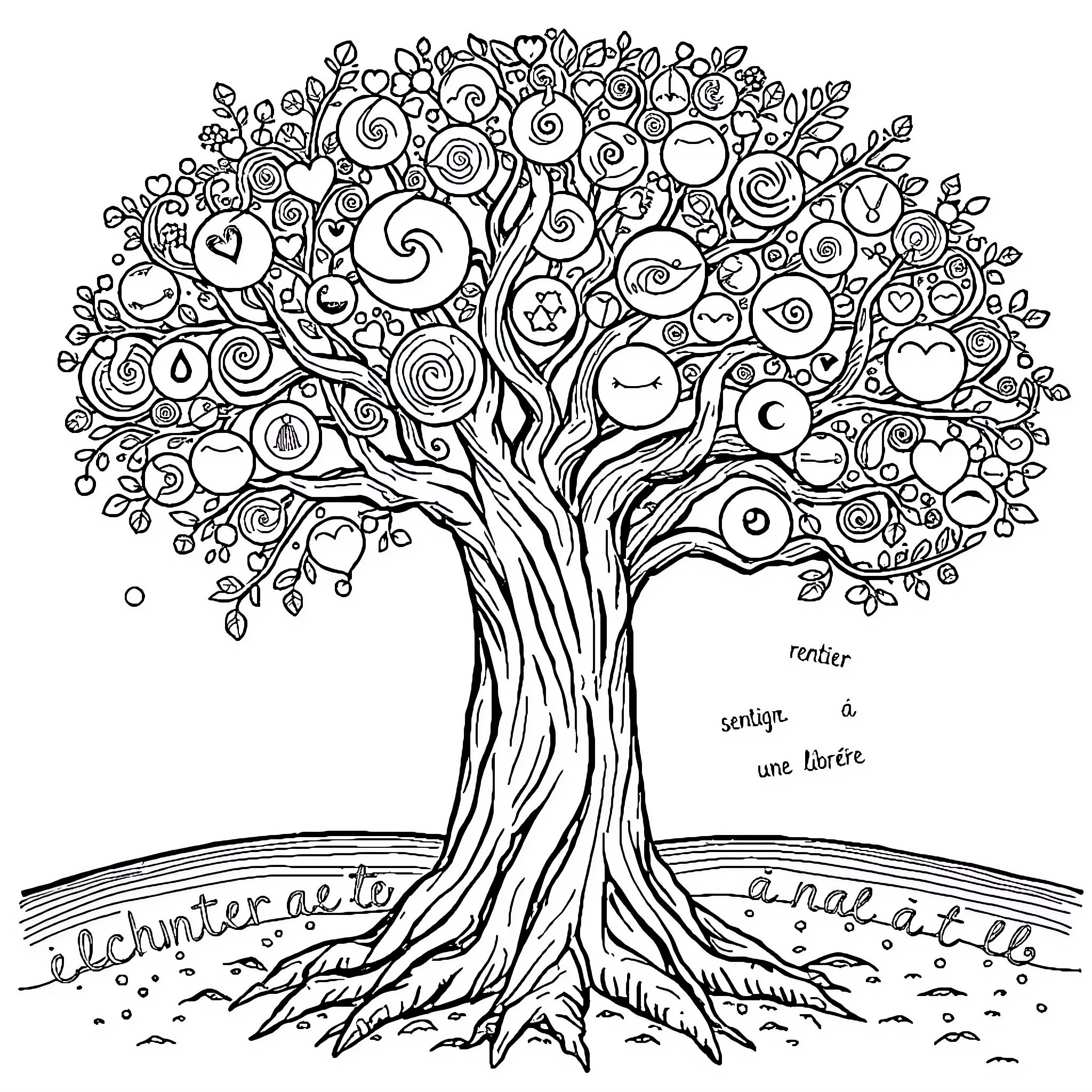 Tree of Whimsical Shapes and Patterns Coloring Page (free black-and-white line drawing printable PDF for all, from beginners to advanced learners, including children, teens, adults, and seniors)