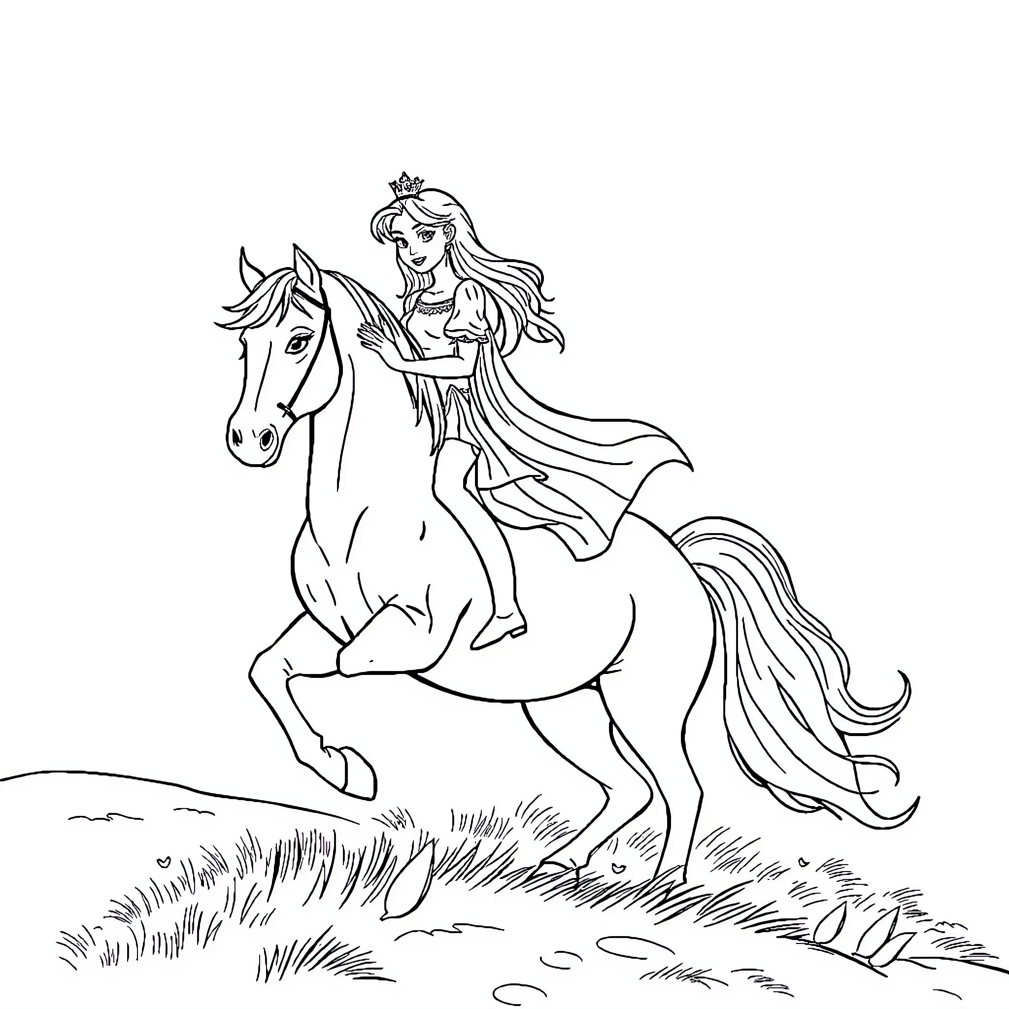 Princess riding a majestic horse through the countryside Coloring Page (free black-and-white line drawing printable PDF for all, from beginners to advanced learners, including children, teens, adults, and seniors)