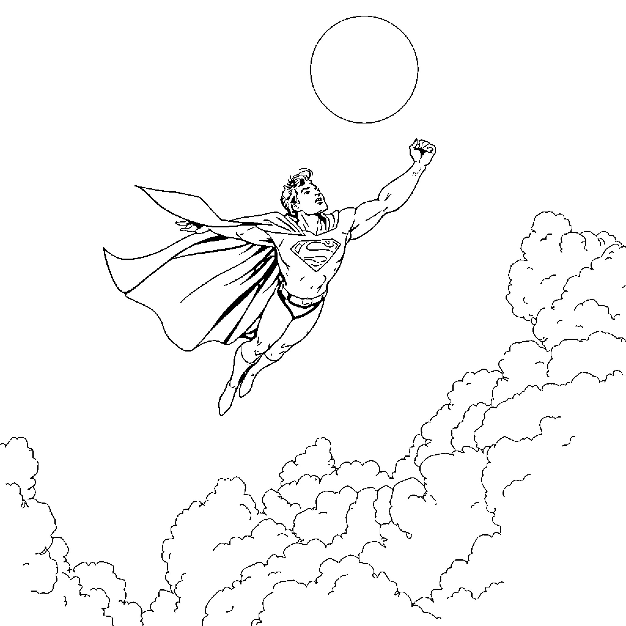 Superman soaring through the clouds with outstretched arms Coloring Page (free black-and-white line drawing printable PDF for all, from beginners to advanced learners, including children, teens, adults, and seniors)
