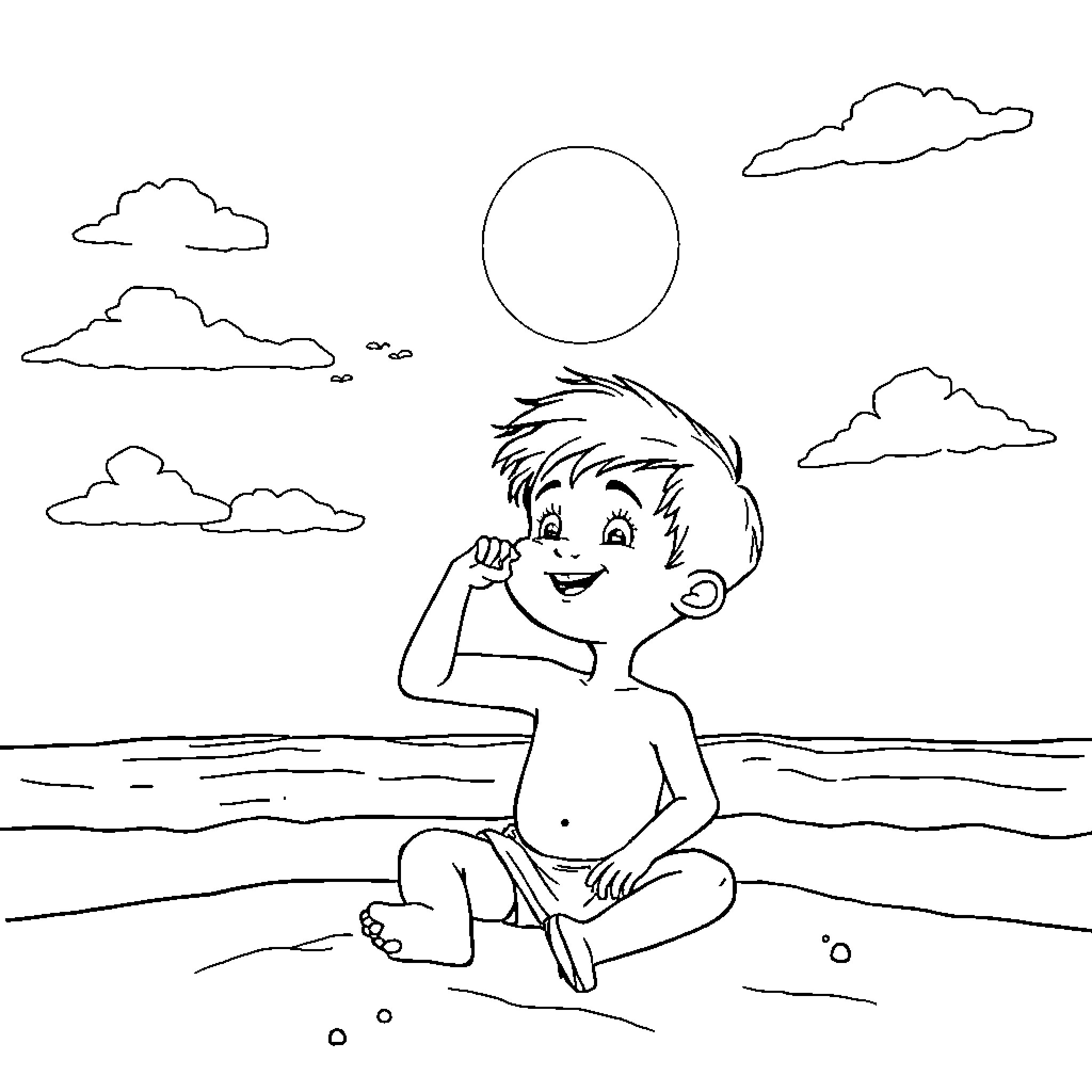 Boy playing happily on the beach Coloring Page (free black-and-white line drawing printable PDF for all, from beginners to advanced learners, including children, teens, adults, and seniors)