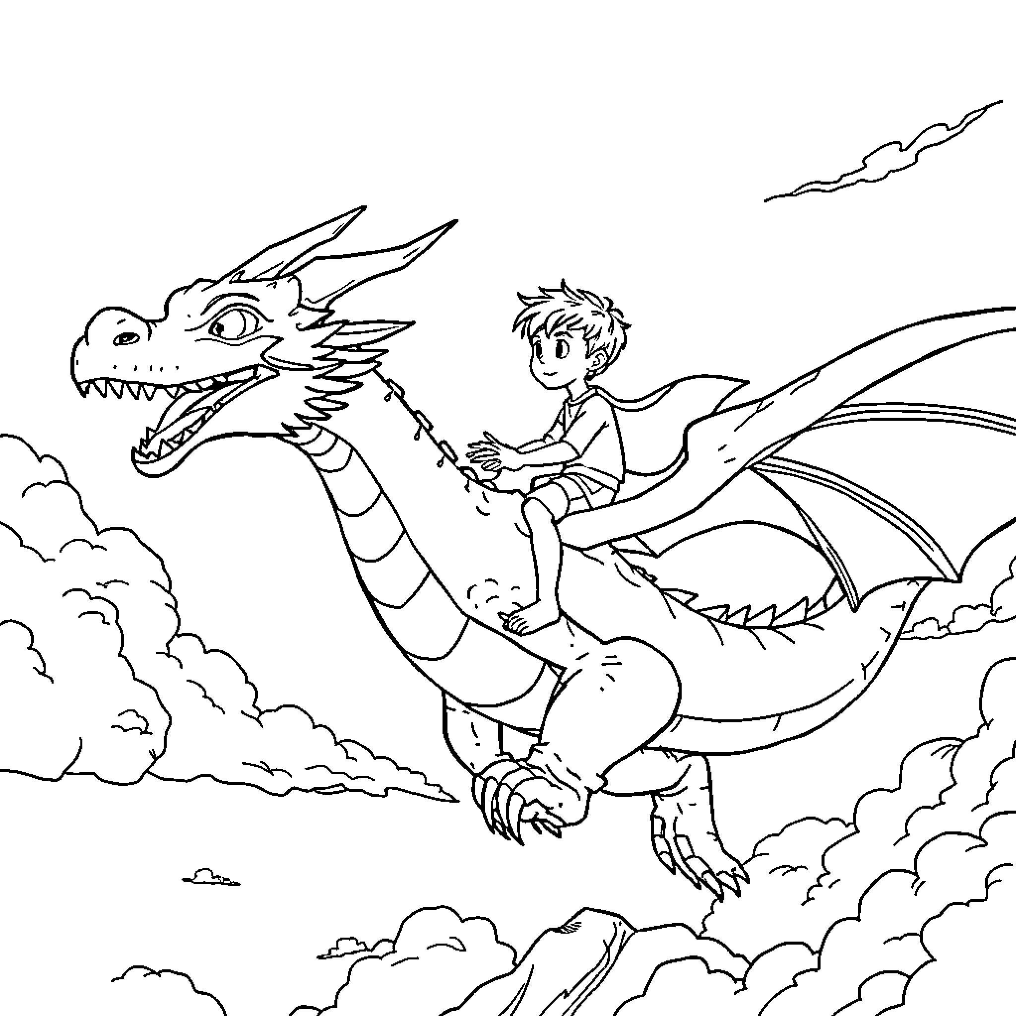 Dragon soaring through the clouds with a young rider Coloring Page (free black-and-white line drawing printable PDF for all, from beginners to advanced learners, including children, teens, adults, and seniors)