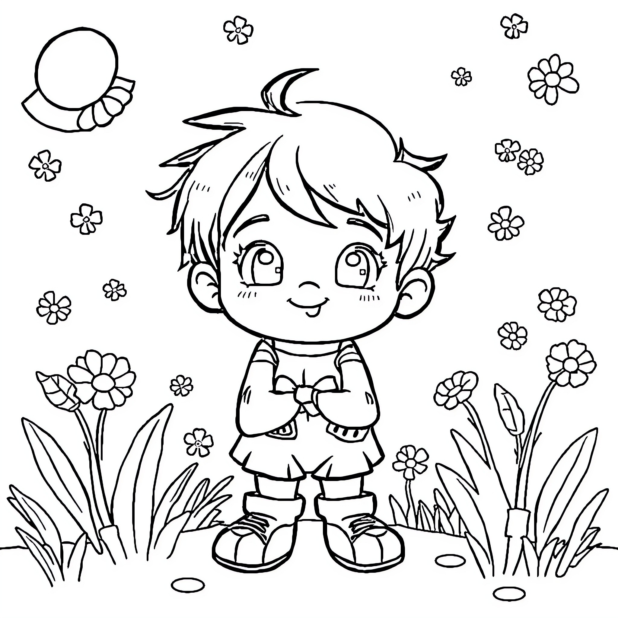 Cheerful child surrounded by playful flowers Coloring Page (free black-and-white line drawing printable PDF for all, from beginners to advanced learners, including children, teens, adults, and seniors)