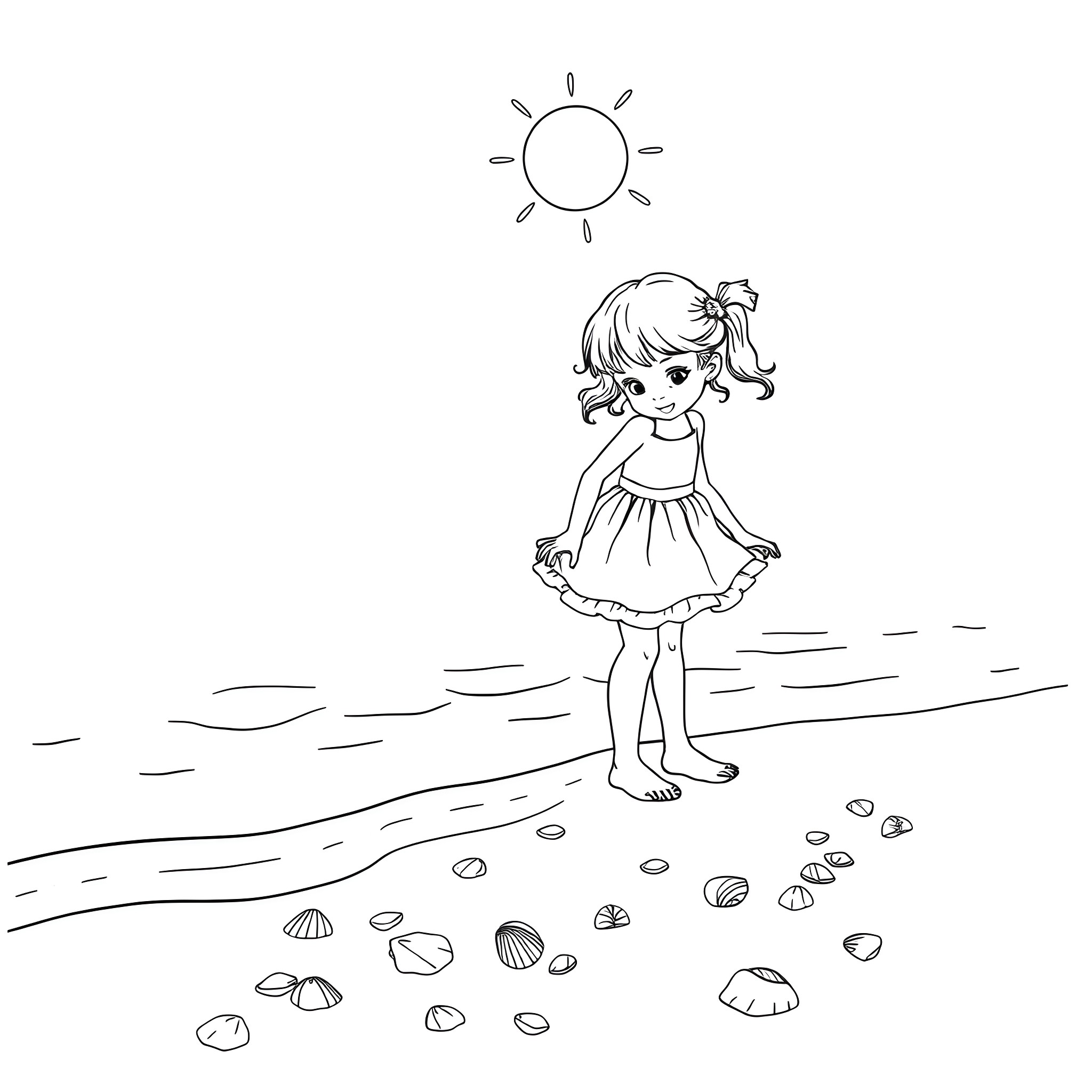 Girl walking on the beach under the sun Coloring Page (free black-and-white line drawing printable PDF for all, from beginners to advanced learners, including children, teens, adults, and seniors)