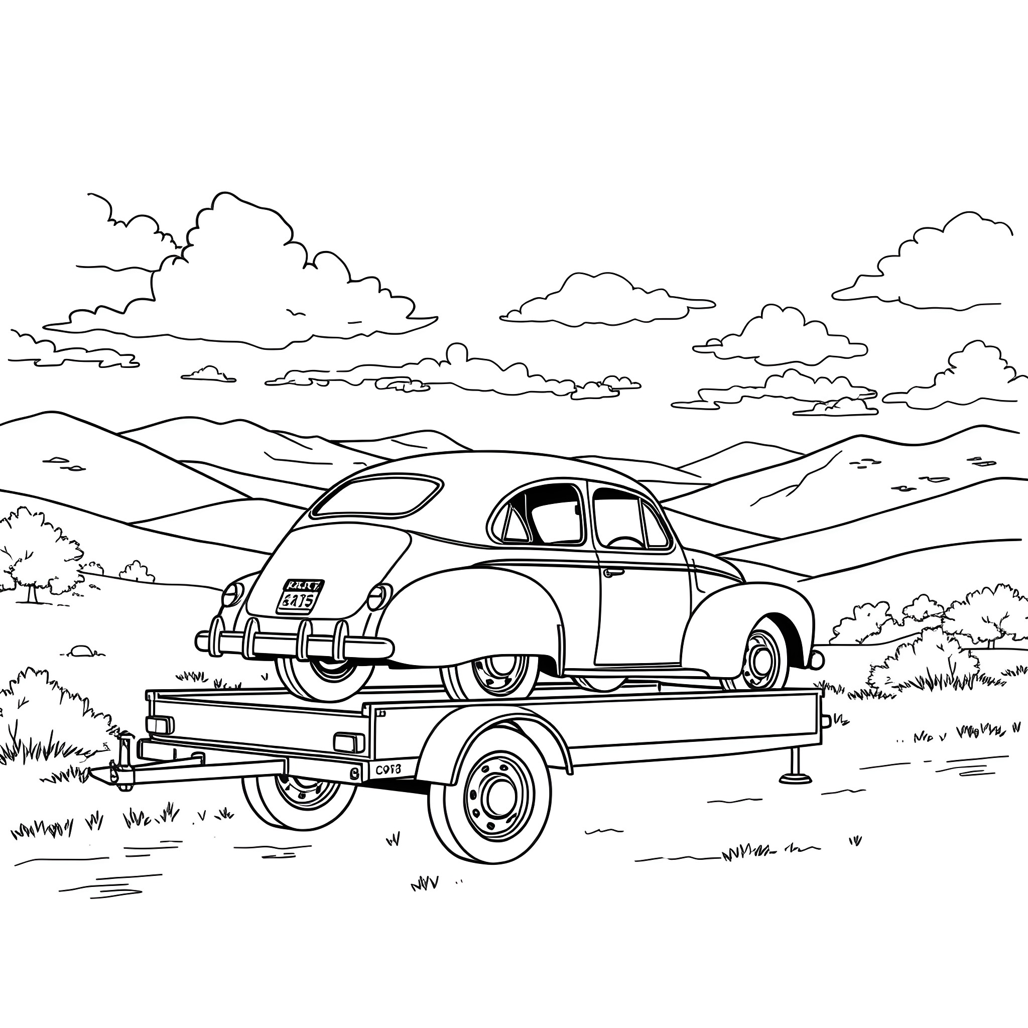 Car on trailer in scenic landscape Coloring Page (free black-and-white line drawing printable PDF for all, from beginners to advanced learners, including children, teens, adults, and seniors)