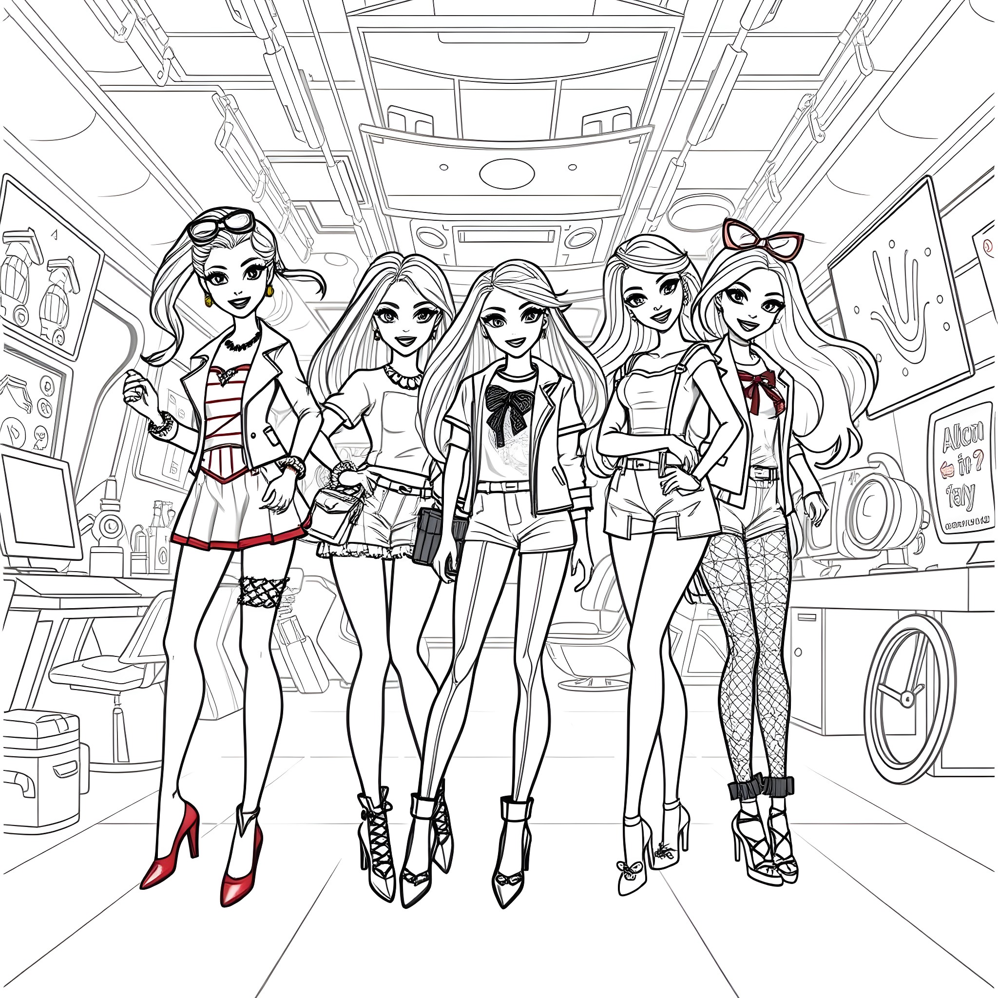 Barbie and her fashionable friends explore the city Coloring Page (free black-and-white line drawing printable PDF for all, from beginners to advanced learners, including children, teens, adults, and seniors)