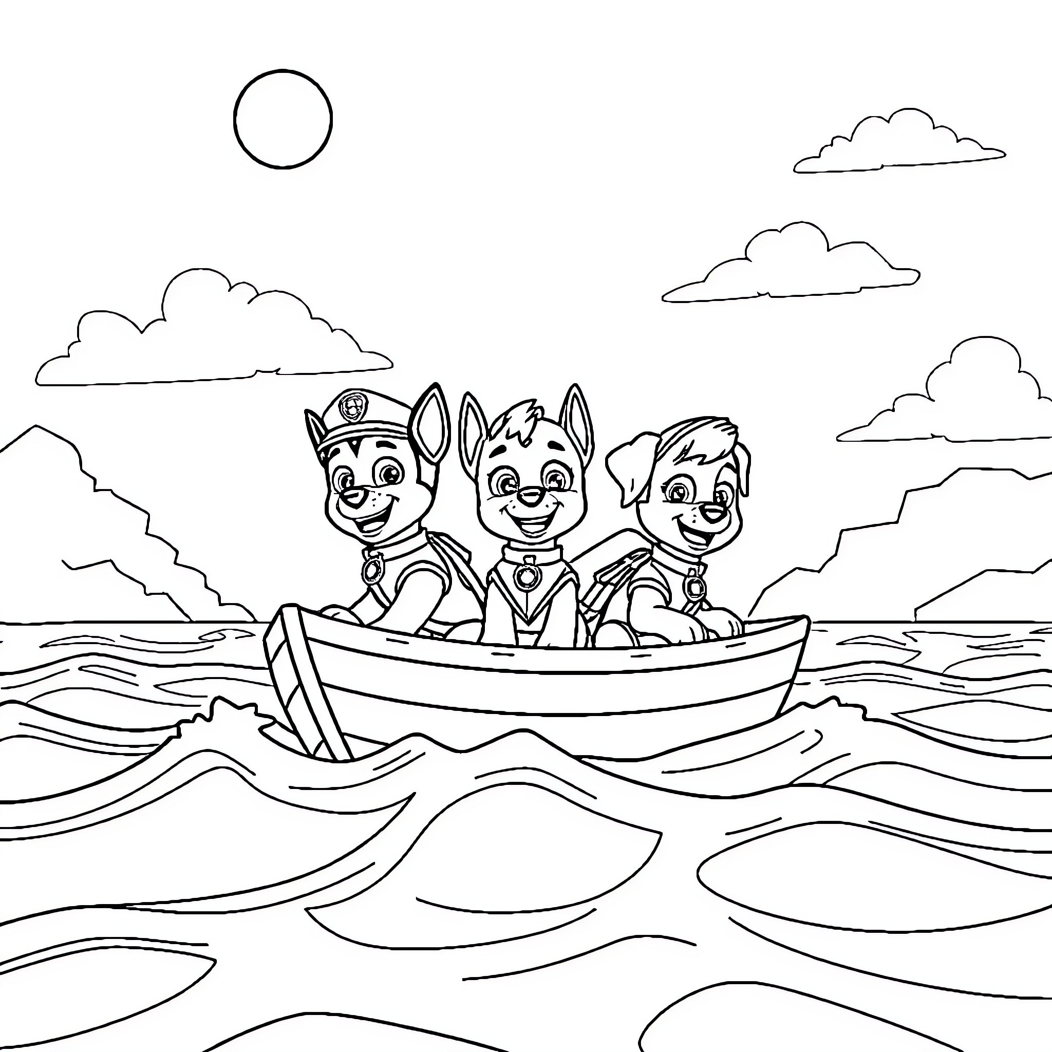 Paw Patrol team sailing on boat adventure Coloring Page (free black-and-white line drawing printable PDF for all, from beginners to advanced learners, including children, teens, adults, and seniors)