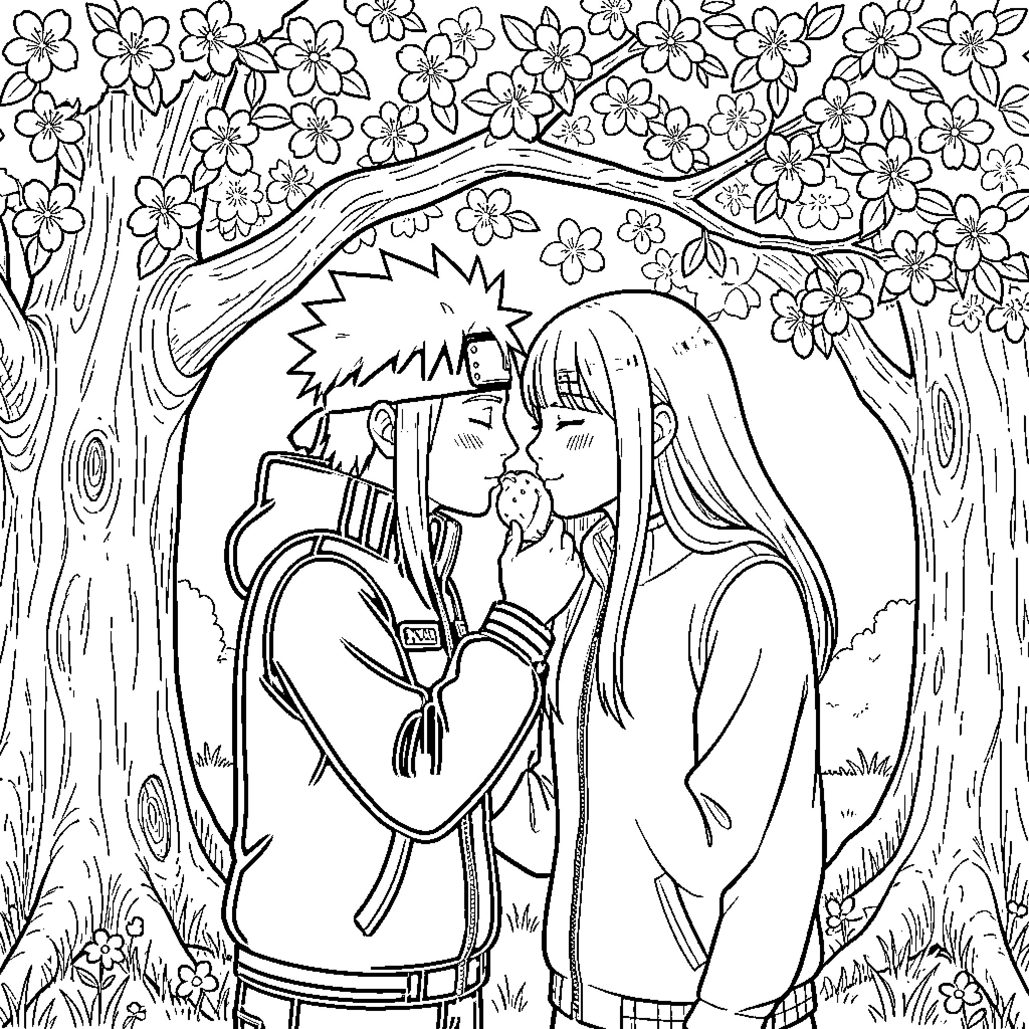 Naruto characters in a flowery forest scene Coloring Page (free black-and-white line drawing printable PDF for all, from beginners to advanced learners, including children, teens, adults, and seniors)
