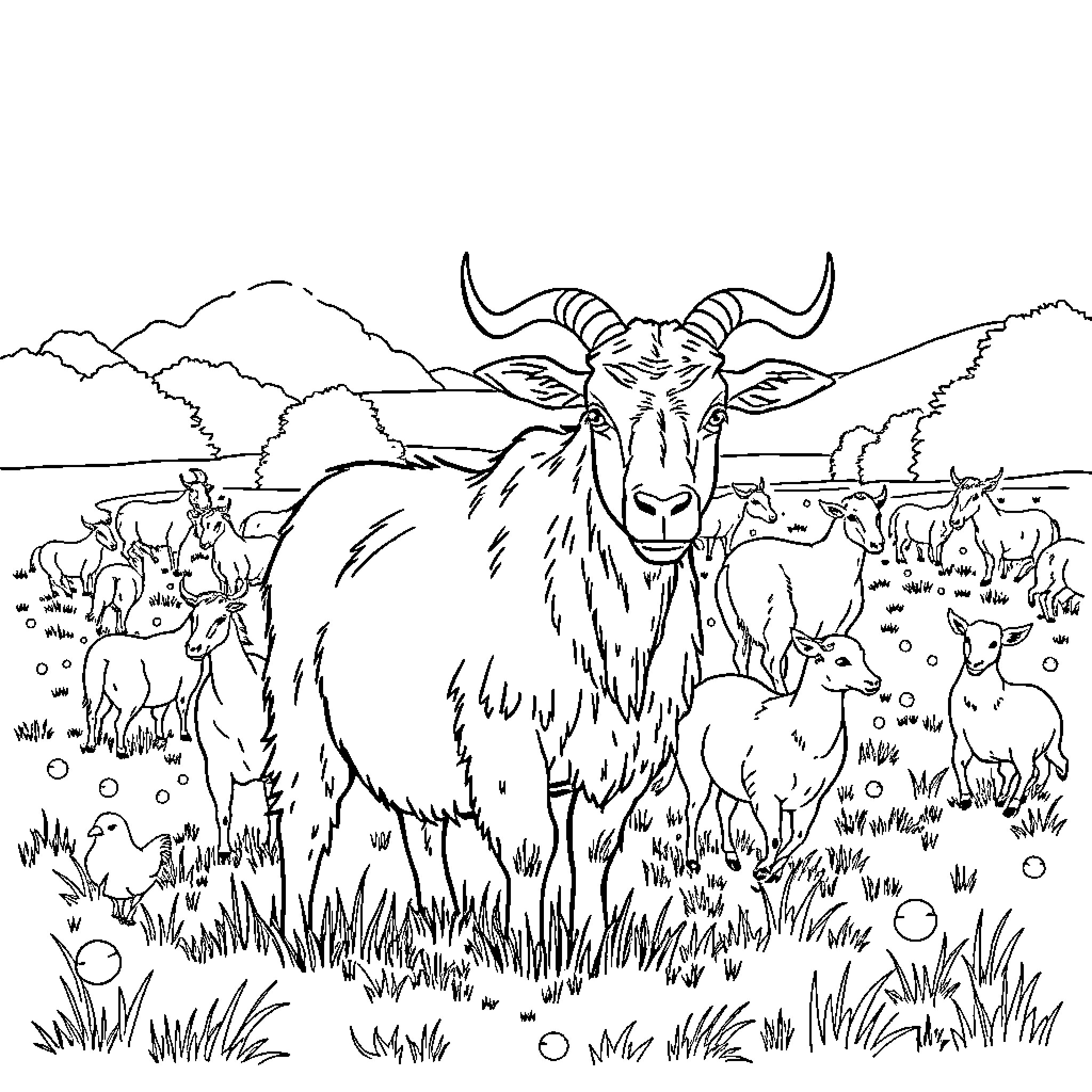 Vaca herd grazing peacefully in scenic mountain landscape Coloring Page (free black-and-white line drawing printable PDF for all, from beginners to advanced learners, including children, teens, adults, and seniors)