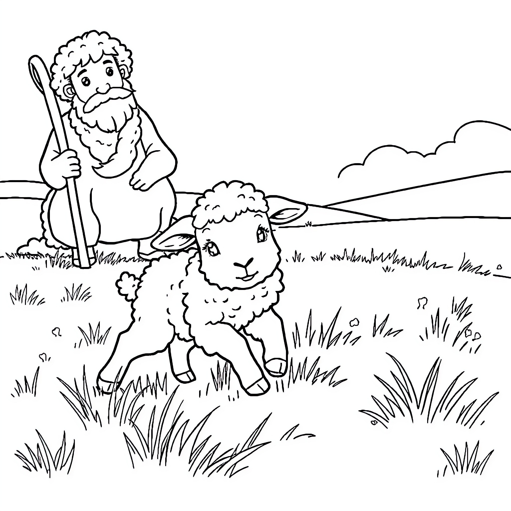 Lamb and shepherd in pastoral scene Coloring Page (free black-and-white line drawing printable PDF for all, from beginners to advanced learners, including children, teens, adults, and seniors)