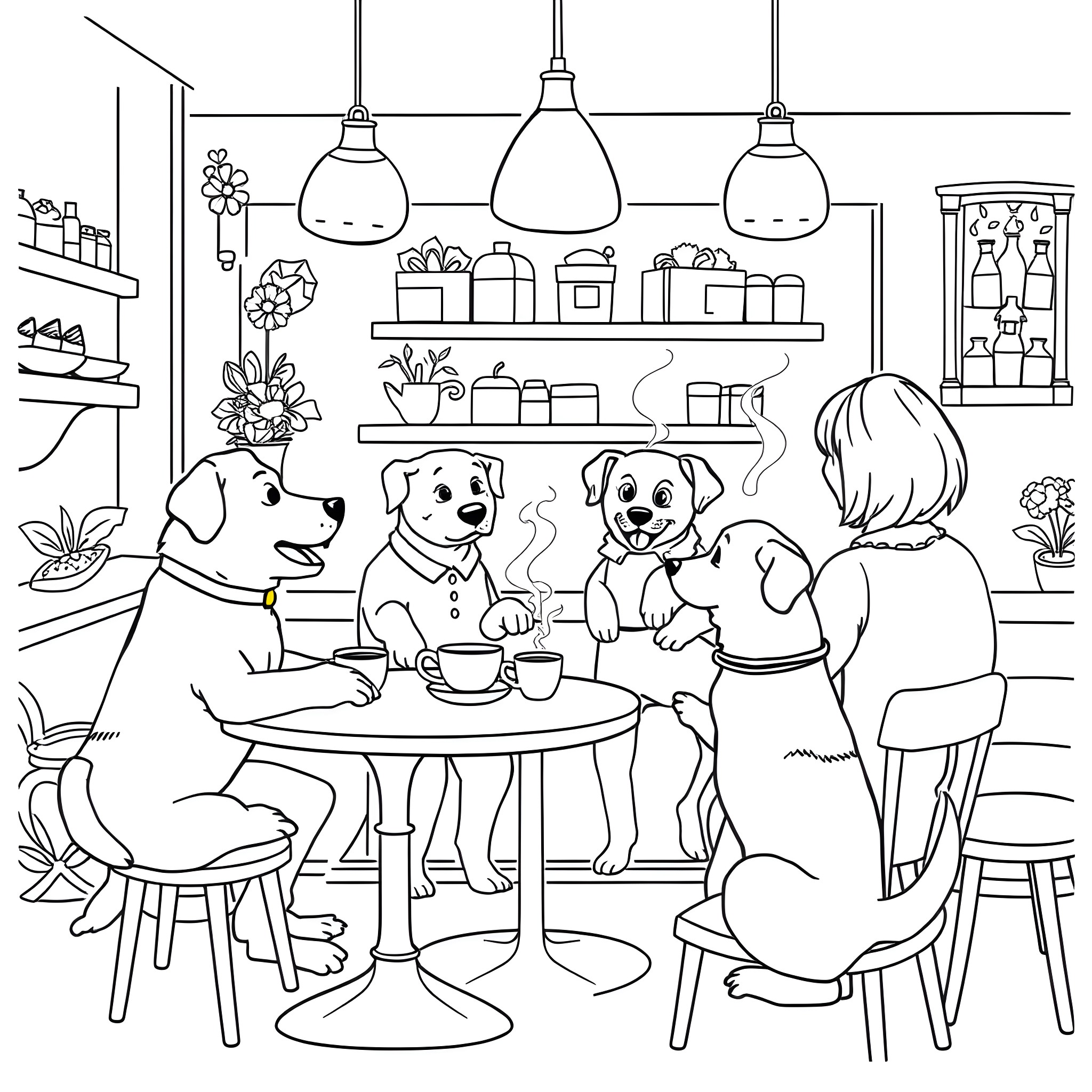 Dog friends having a cozy tea party in the kitchen Coloring Page (free black-and-white line drawing printable PDF for all, from beginners to advanced learners, including children, teens, adults, and seniors)