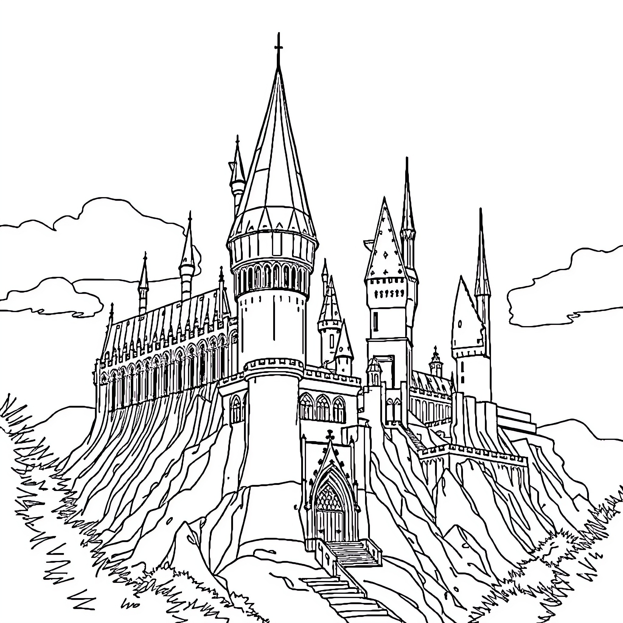 Poudlard: Majestic Castle on the Hilltop Coloring Page (free black-and-white line drawing printable PDF for all, from beginners to advanced learners, including children, teens, adults, and seniors)