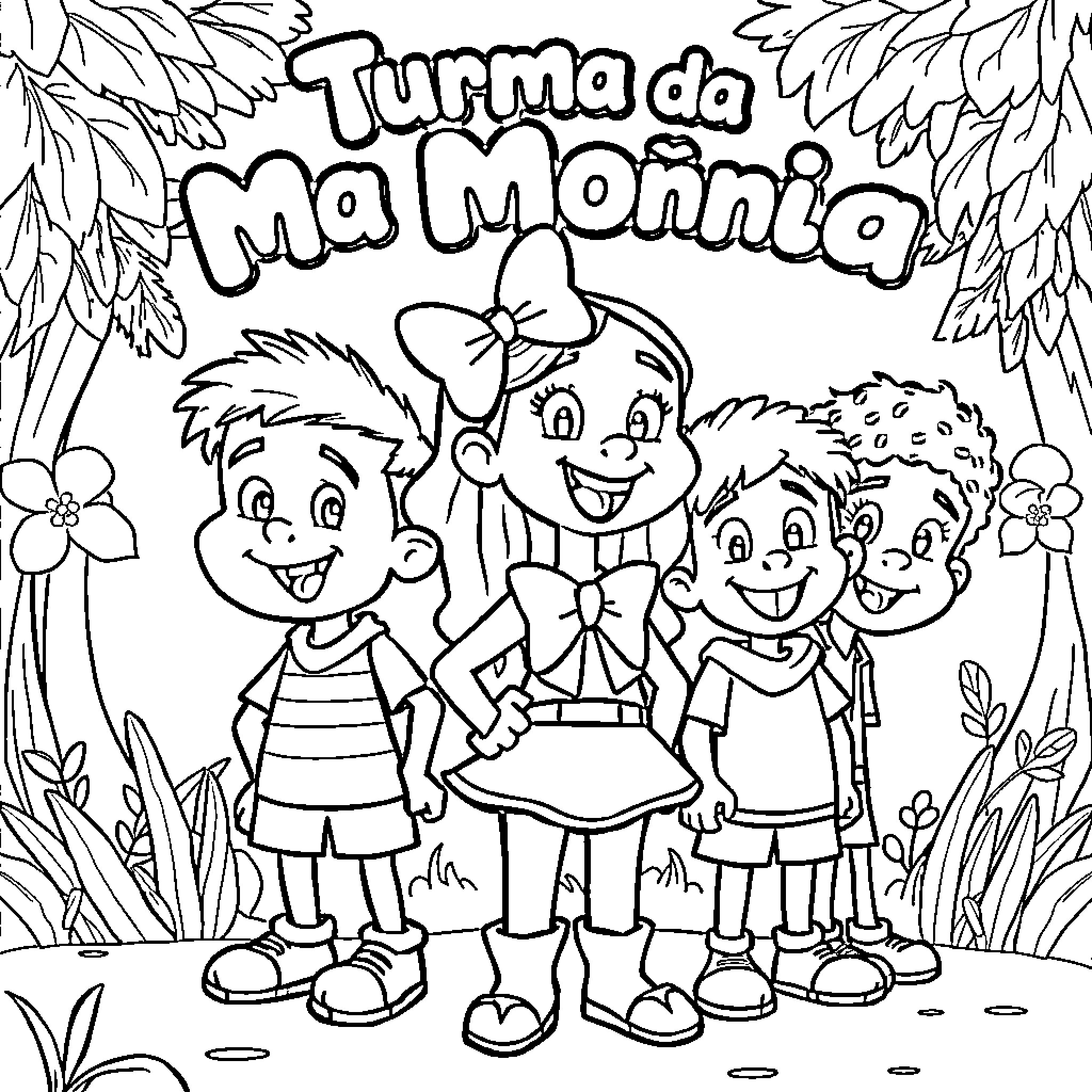 Monica and her friends explore the outdoors Coloring Page (free black-and-white line drawing printable PDF for all, from beginners to advanced learners, including children, teens, adults, and seniors)