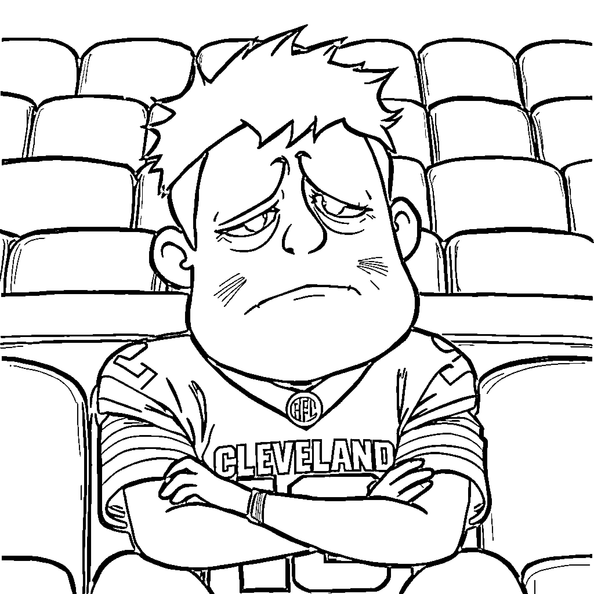 Fan Expresses Displeasure in Empty Stadium Coloring Page (free black-and-white line drawing printable PDF for all, from beginners to advanced learners, including children, teens, adults, and seniors)
