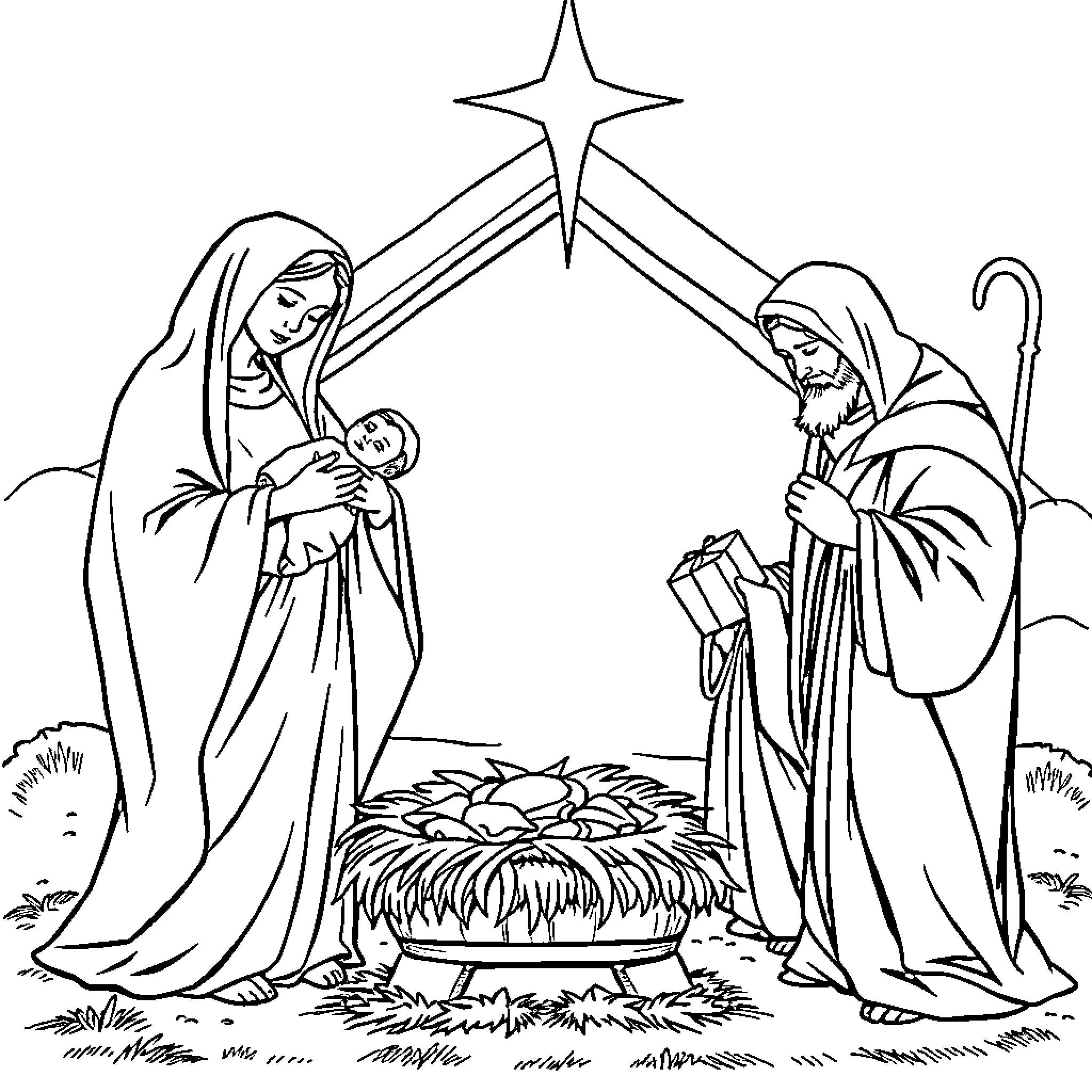 Nativity Scene with Holy Family and Shepherds Coloring Page (free black-and-white line drawing printable PDF for all, from beginners to advanced learners, including children, teens, adults, and seniors)