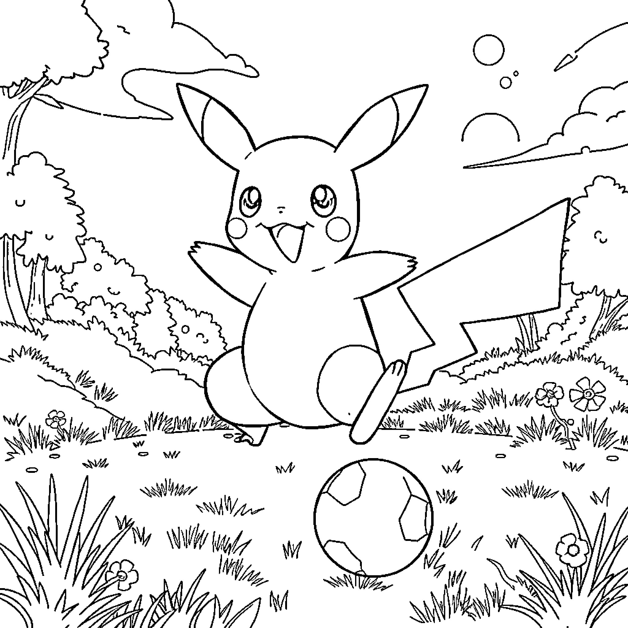 Pokémon character playing in nature Coloring Page (free black-and-white line drawing printable PDF for all, from beginners to advanced learners, including children, teens, adults, and seniors)