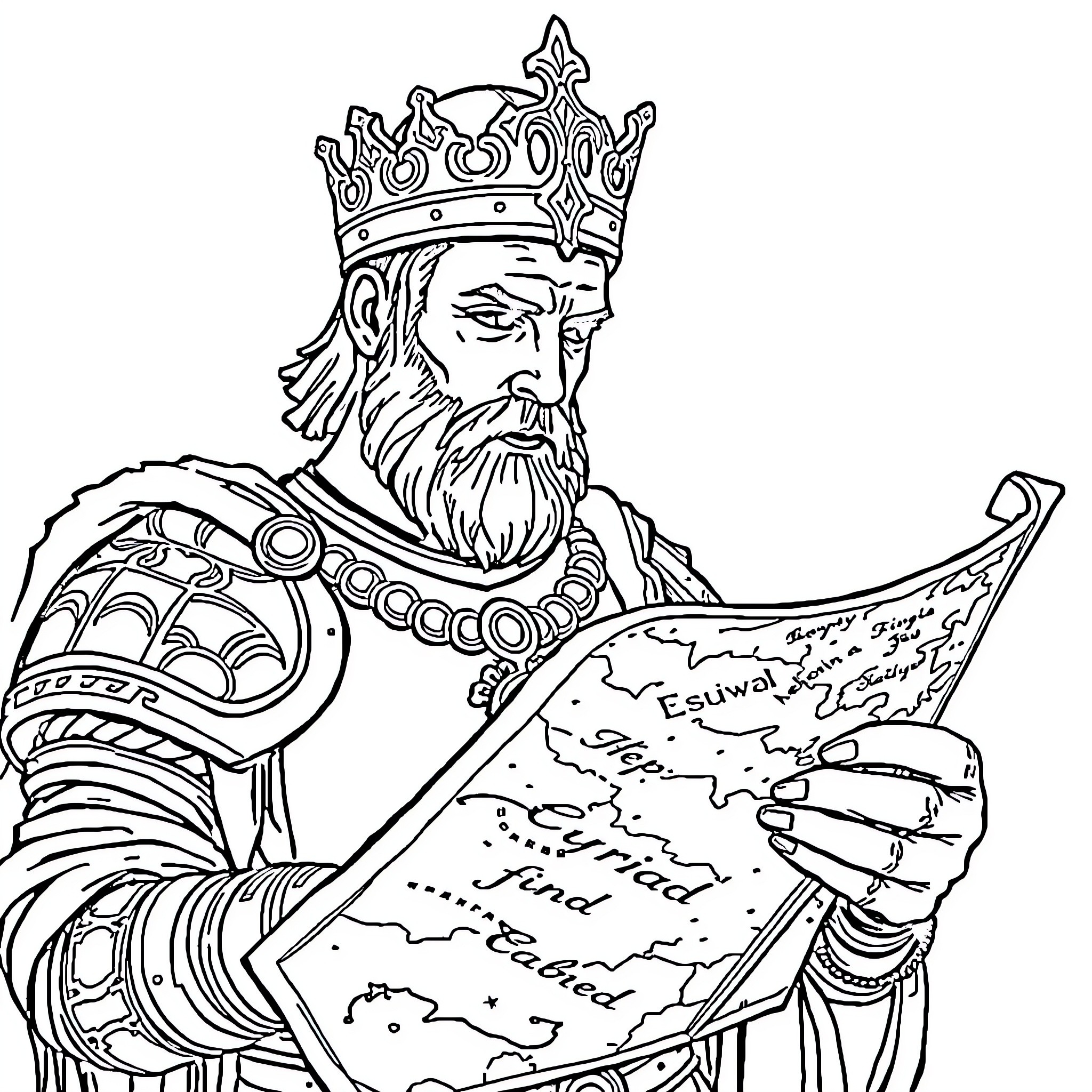 King Studying an Intricate Map with a Thoughtful Expression Coloring Page (free black-and-white line drawing printable PDF for all, from beginners to advanced learners, including children, teens, adults, and seniors)