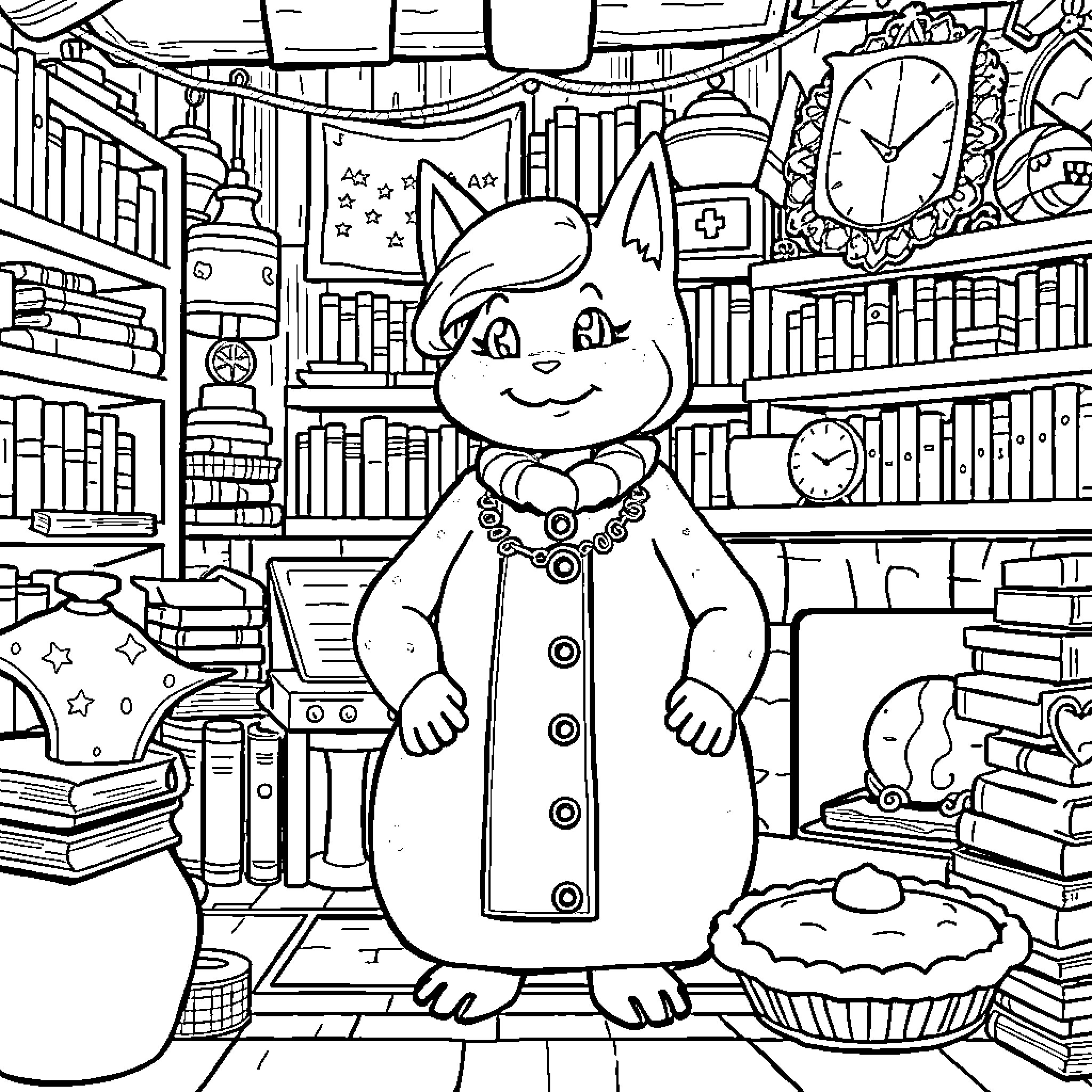 Toriel - Cozy Bookworm in Enchanted Library Coloring Page (free black-and-white line drawing printable PDF for all, from beginners to advanced learners, including children, teens, adults, and seniors)