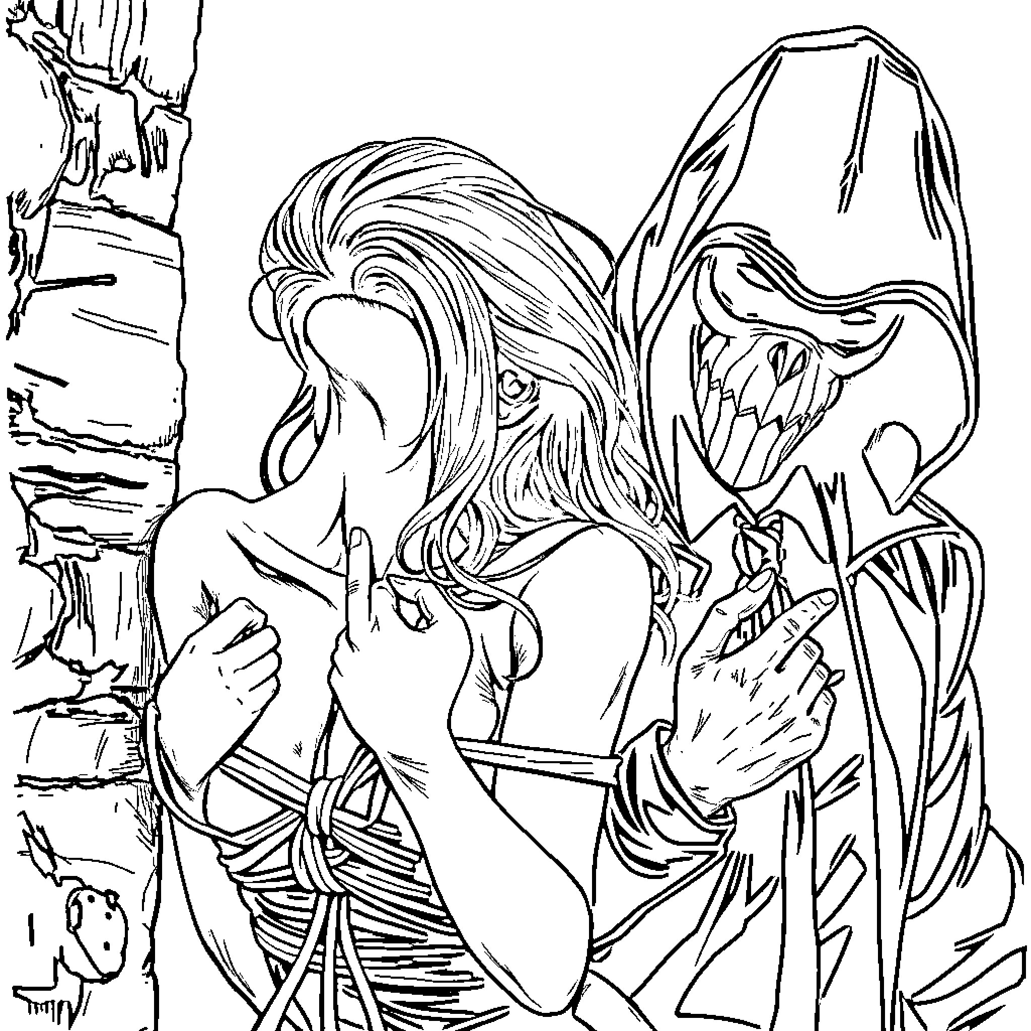 Woman in distress facing a fearsome entity Coloring Page (free black-and-white line drawing printable PDF for all, from beginners to advanced learners, including children, teens, adults, and seniors)