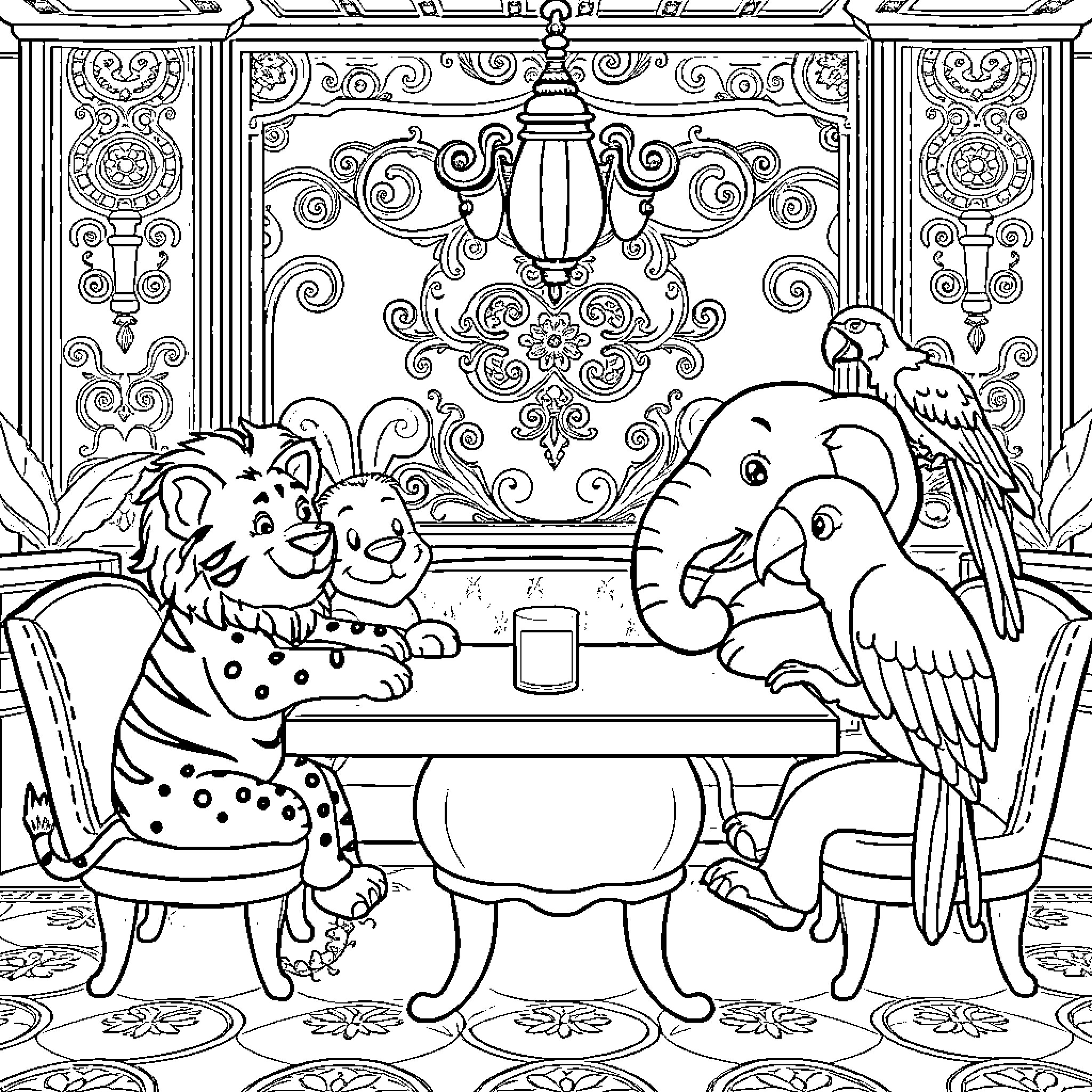Animal friends enjoying a fancy meal together Coloring Page (free black-and-white line drawing printable PDF for all, from beginners to advanced learners, including children, teens, adults, and seniors)
