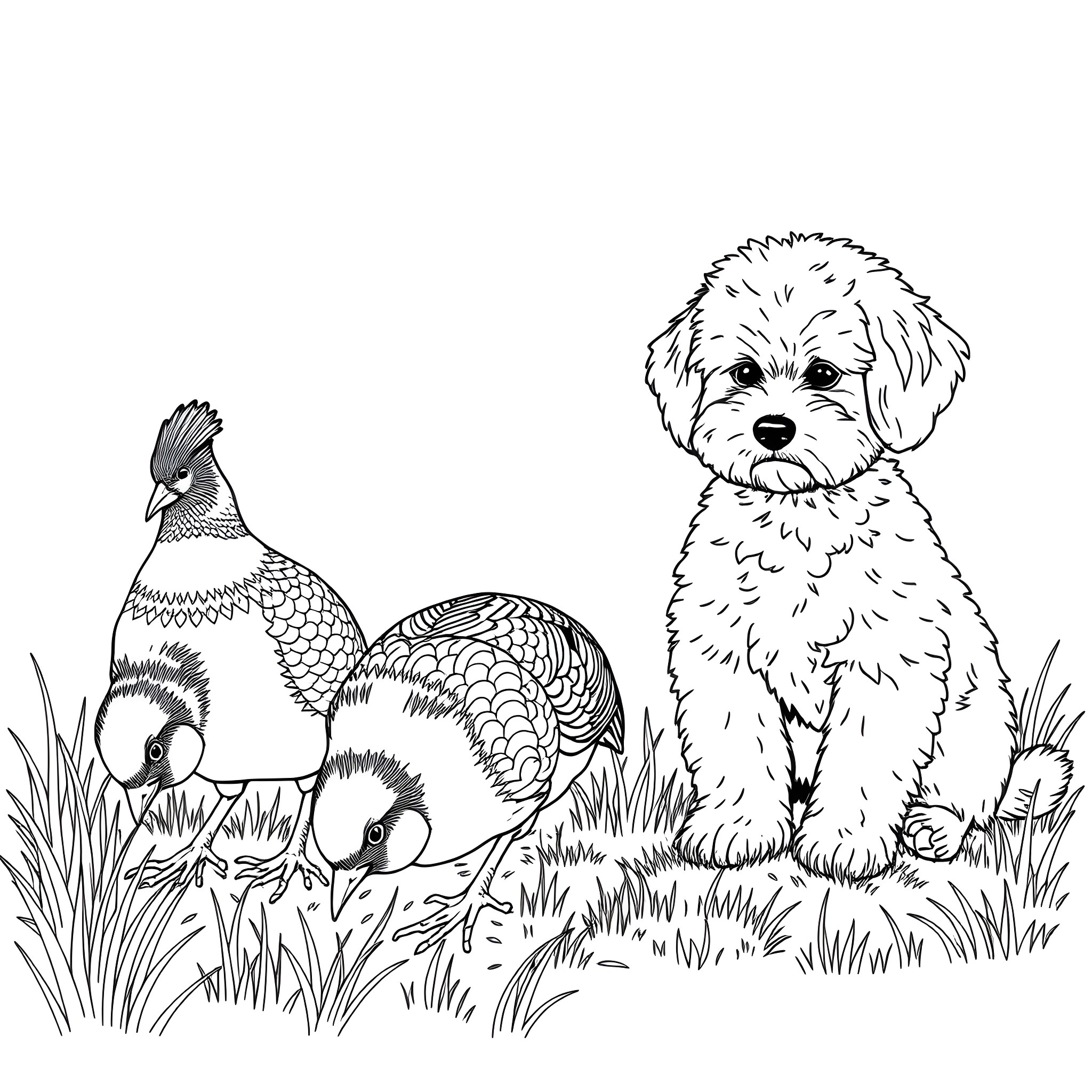 Quail and Fluffy Dog in Grassy Field Coloring Page (free black-and-white line drawing printable PDF for all, from beginners to advanced learners, including children, teens, adults, and seniors)