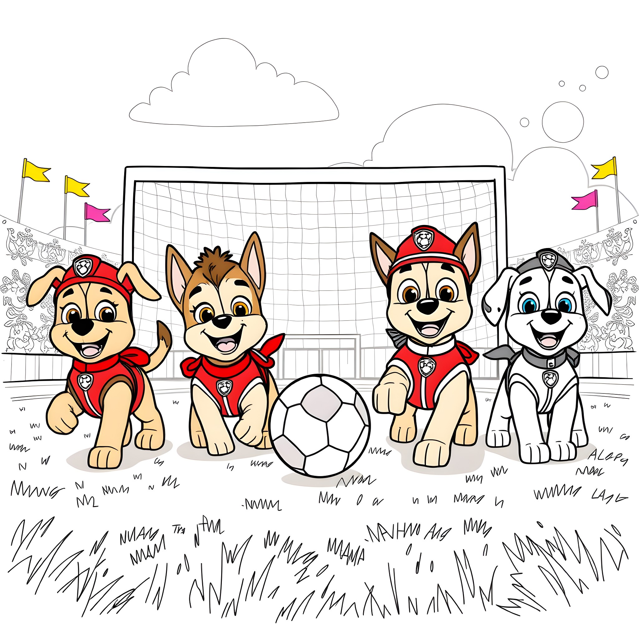 Paw Patrol pups playing soccer on the field Coloring Page (free black-and-white line drawing printable PDF for all, from beginners to advanced learners, including children, teens, adults, and seniors)