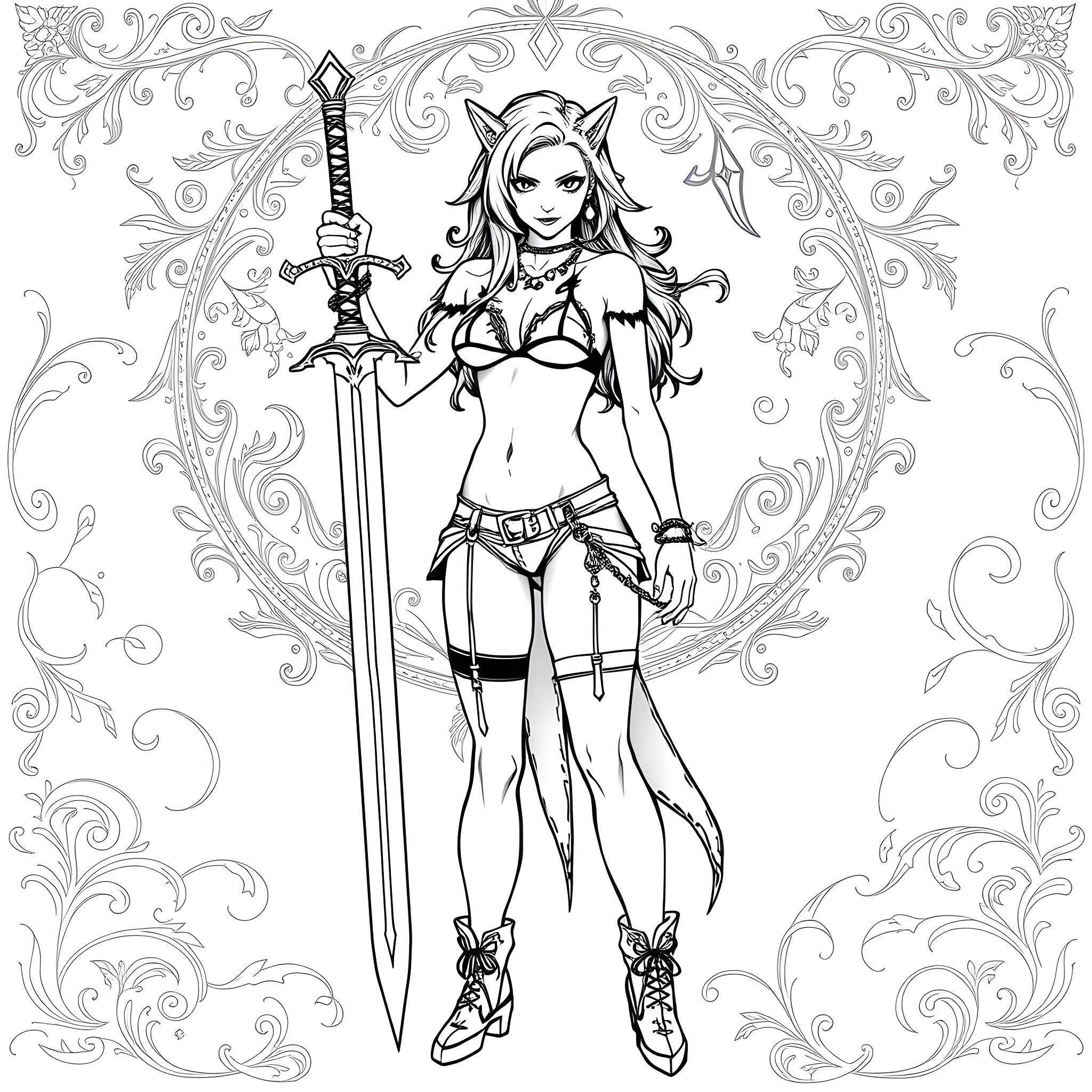 Goth Girl Wielding a Sword with Intricate Floral Designs Coloring Page (free black-and-white line drawing printable PDF for all, from beginners to advanced learners, including children, teens, adults, and seniors)